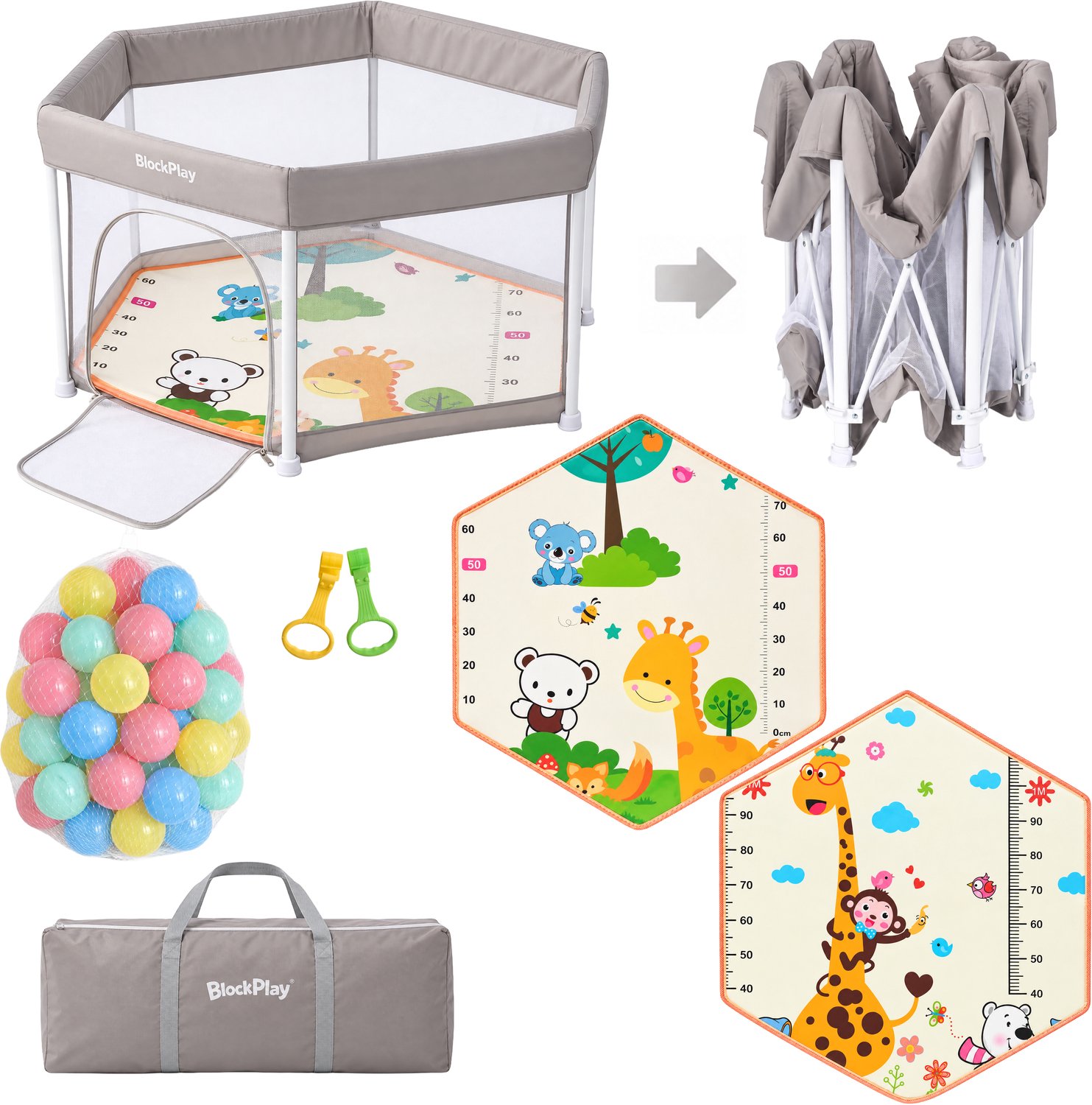 BlockPlay® Grondbox inklapbaar Baby Zeshoek 127x127 cm - Speelbox - Playpen - Kinderbox – Kruipbox – Ballenbak - Inclusief speelmat 50 speelballen draagtas en 2 optrek hendels – Grijs