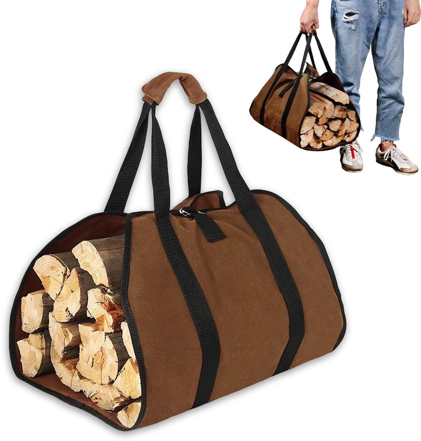 Famanu – Brandhoutdrager van hout met handgrepen, draagbare tas voor brandhout, waterdicht en geschikt voor binnen en buiten, 98 x 46 cm