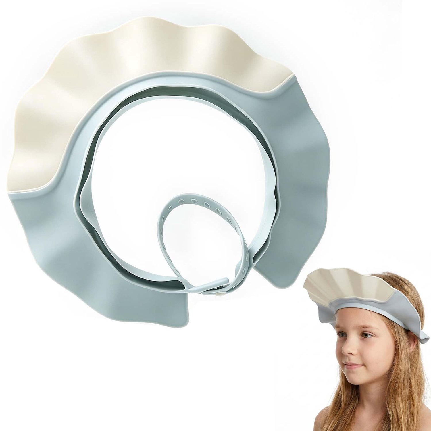 Douchemuts kinderen siliconen, haarwashulp shampoo bescherming blauw-wit 35-60 cm