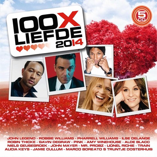 Albumcover 100X Liefde 2014 met afbeeldingen van John Legend, Robbie Williams, Pharrell Williams, Ilse DeLange, Pink en Amy Winehouse.