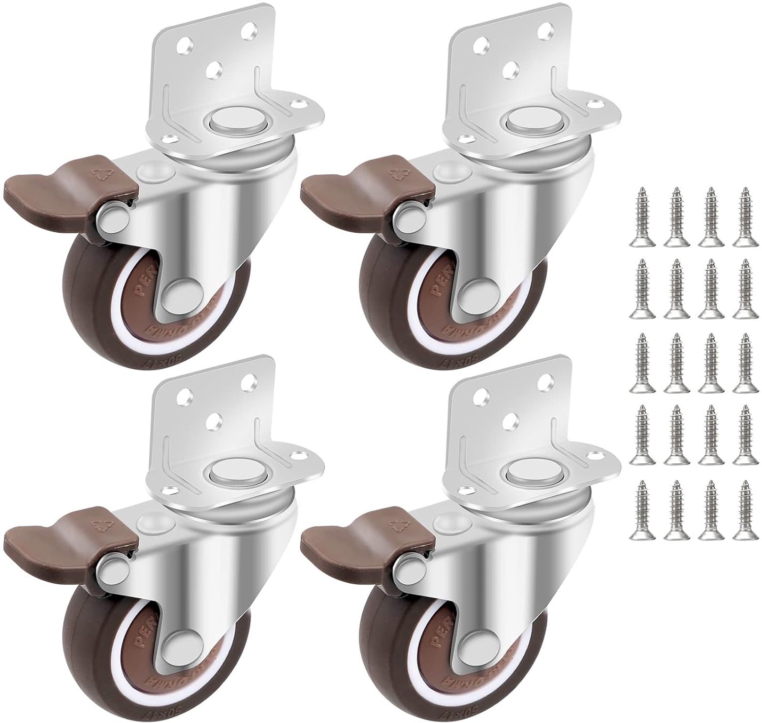 SnelShoppen - DBREAKS Vervoerwielen 50 mm met Rem, 4 Rubber Wielen met Montageplaat Type L, 20 Schroeven, Ideaal voor Karren en Bedden