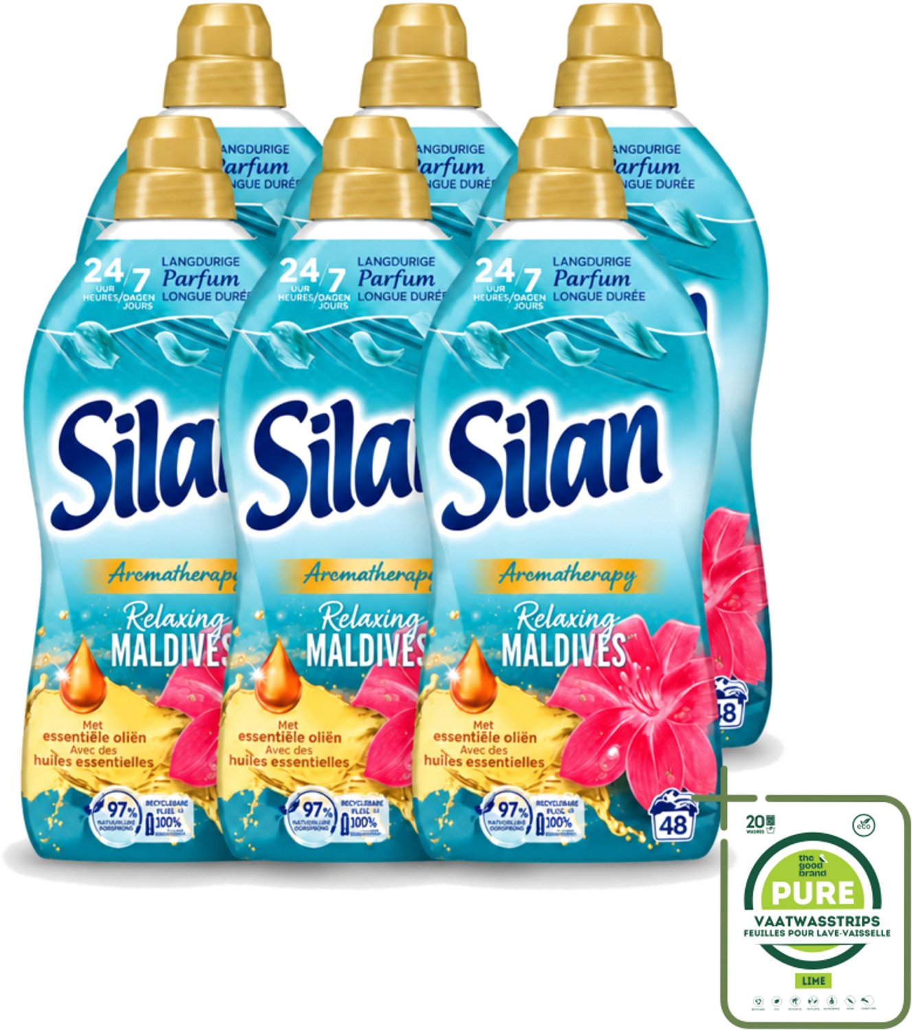 6 x Silan Aromatherapy - Wasverzachter - Relaxing Maldives - Essentiële Oliën en Langdurige Parfum - 48 Wasbeurten - 1.056L - Grootverpakking - Vaatwasstrips - Wasverzachter - Tropische Geur - Essentiële Oliën - Kleding Zachtheid - Wasgoed Frisheid