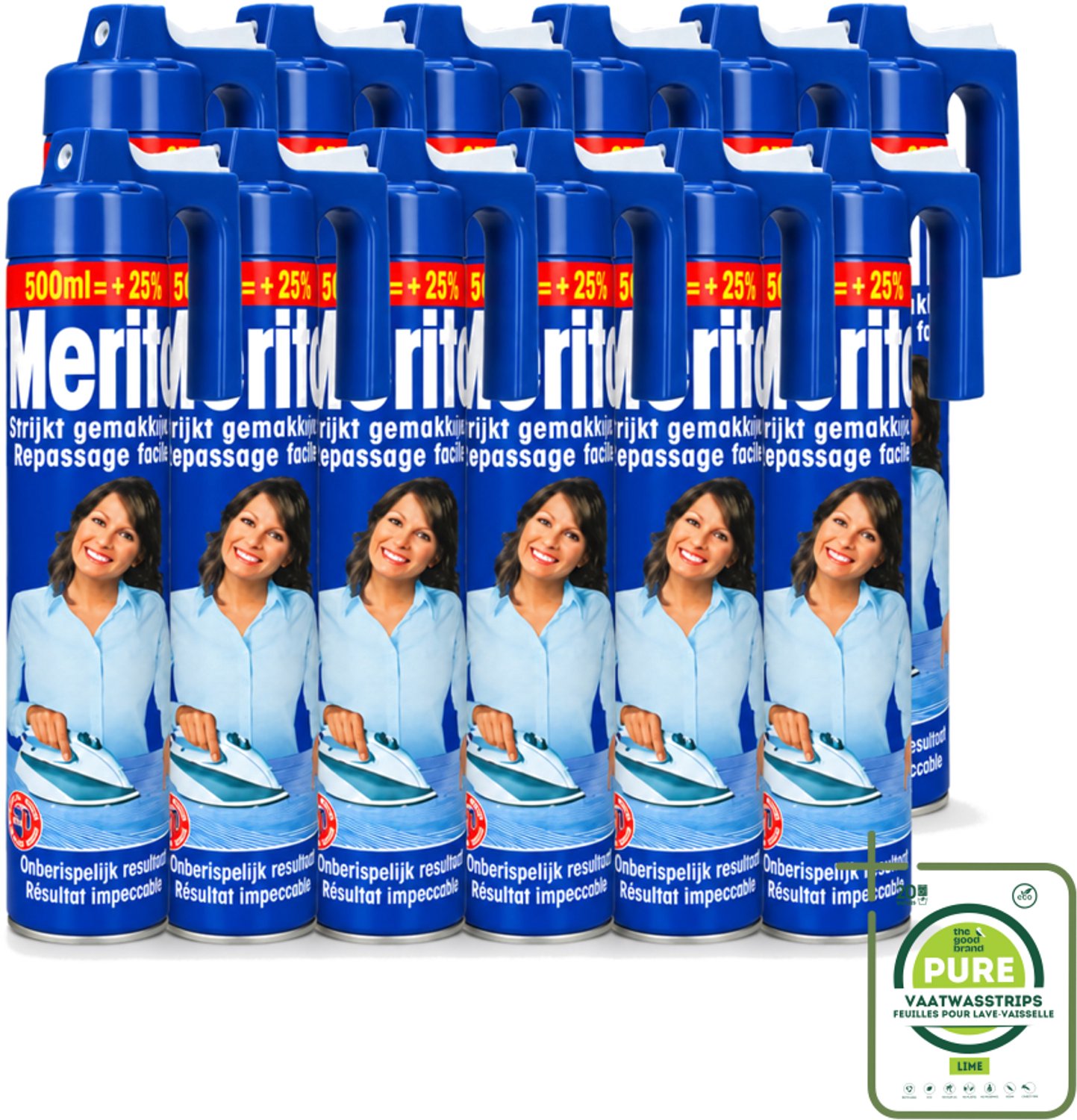 12 x Merito - Strijkspray - 500 ml - Grootverpakking - Vaatwasstrips - Strijkspray - Linnen Strijken - Kleuren Herstellen - Strijken Makkelijker - Frisse Geur