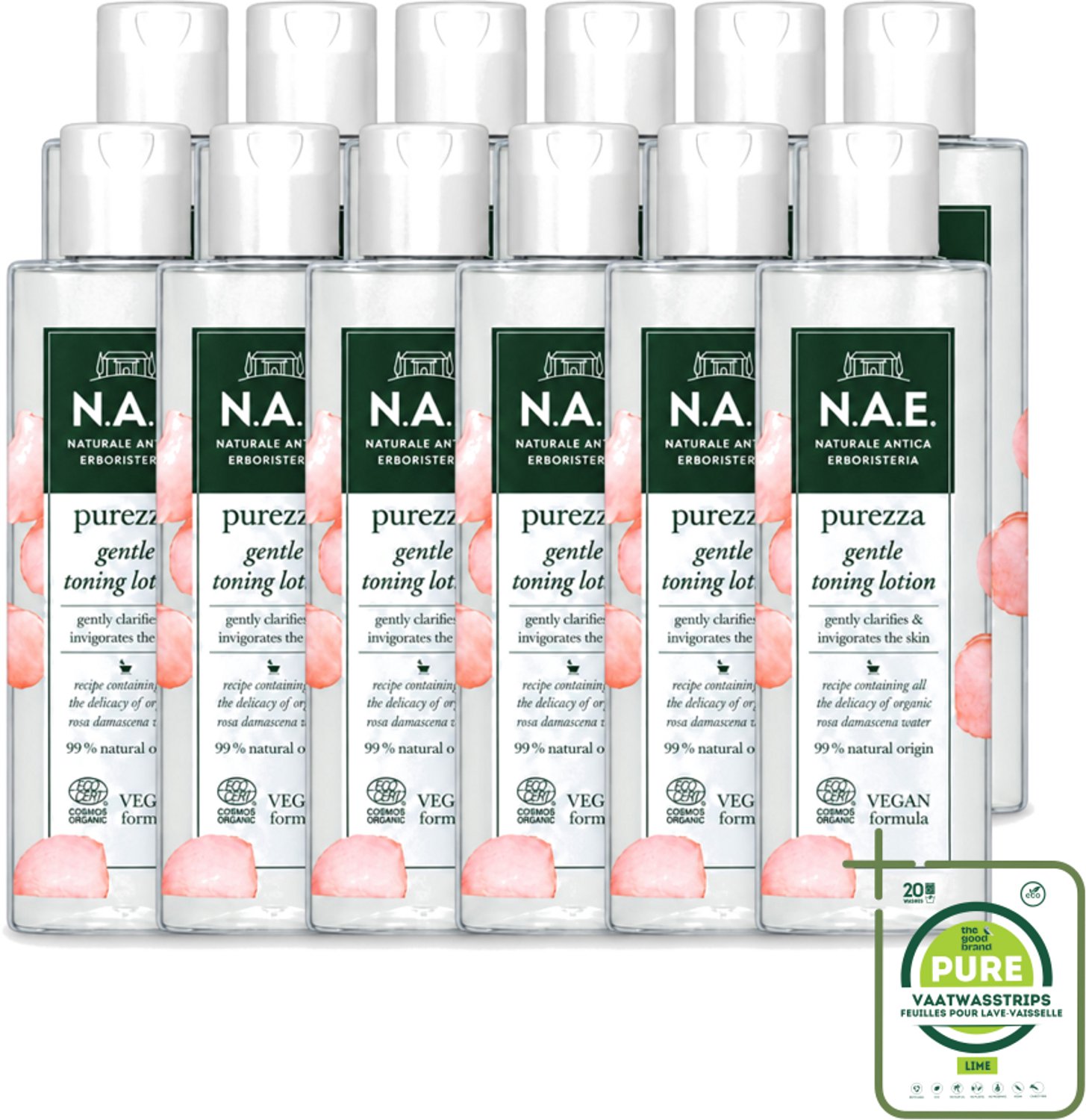 12 x N.A.E. - Toning Lotion - Zuiverend & Hydraterend - Biologisch & Vegan - 200ml - Grootverpakking - Vaatwasstrips - Natuurlijke Huidverzorging - Biologische Toning - Rozenwater - Huidzuivering - Huidhydratatie