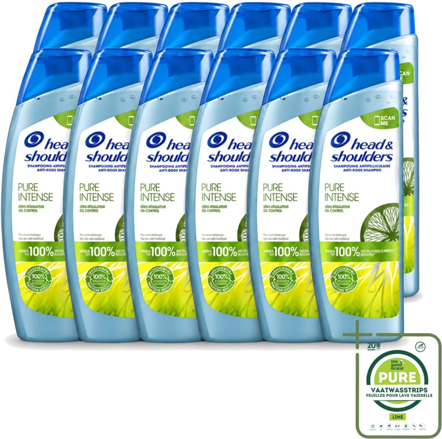 12 x Head & Shoulders - Anti-Roos Shampoo - Pure Intense - Oil Control - 250 ml - Grootverpakking - Vaatwasstrips - Roosvrij Haar - Oliecontrole - Schone Hoofdhuid - Vet Haar - Anti-roos Shampoo