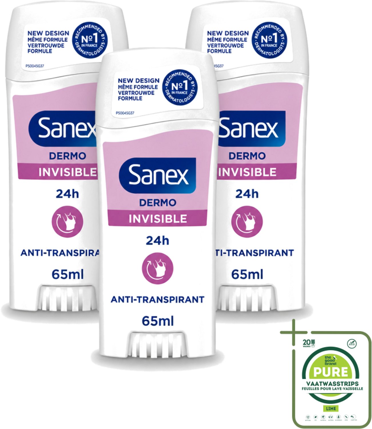 3 x Sanex – Deodorant Stick – Dermo Invisible – 65 ml - Grootverpakking - Vaatwasstrips - Onzezichtbare Deodorantstick - Deodorantstick - Onzichtbare Deodorant - Huidvriendelijke Deodorant - Frisheid