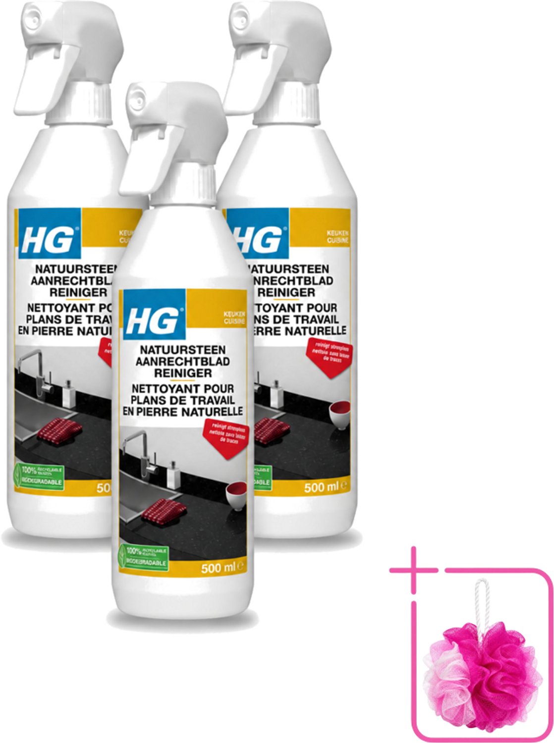 3 x HG - Natuursteen Aanrechtblad Reiniger - Reinigt Streeploos - 500 ml - Bulkverpakking - Natuursteen aanrechtblad reinigen - Natuursteen reinigen