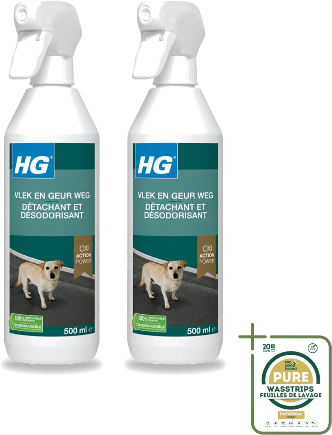 2 x HG - Vlek & Geur Weg Spray - Hond - Oxi Action Power - Hardnekkige Werking - 500 ml - Wasstrips - Hondvlek Weg - Hondgeur Weg - Hondvlek Neutraliseren - Hondgeur Neutraliseren - Vlek Op Tapijt