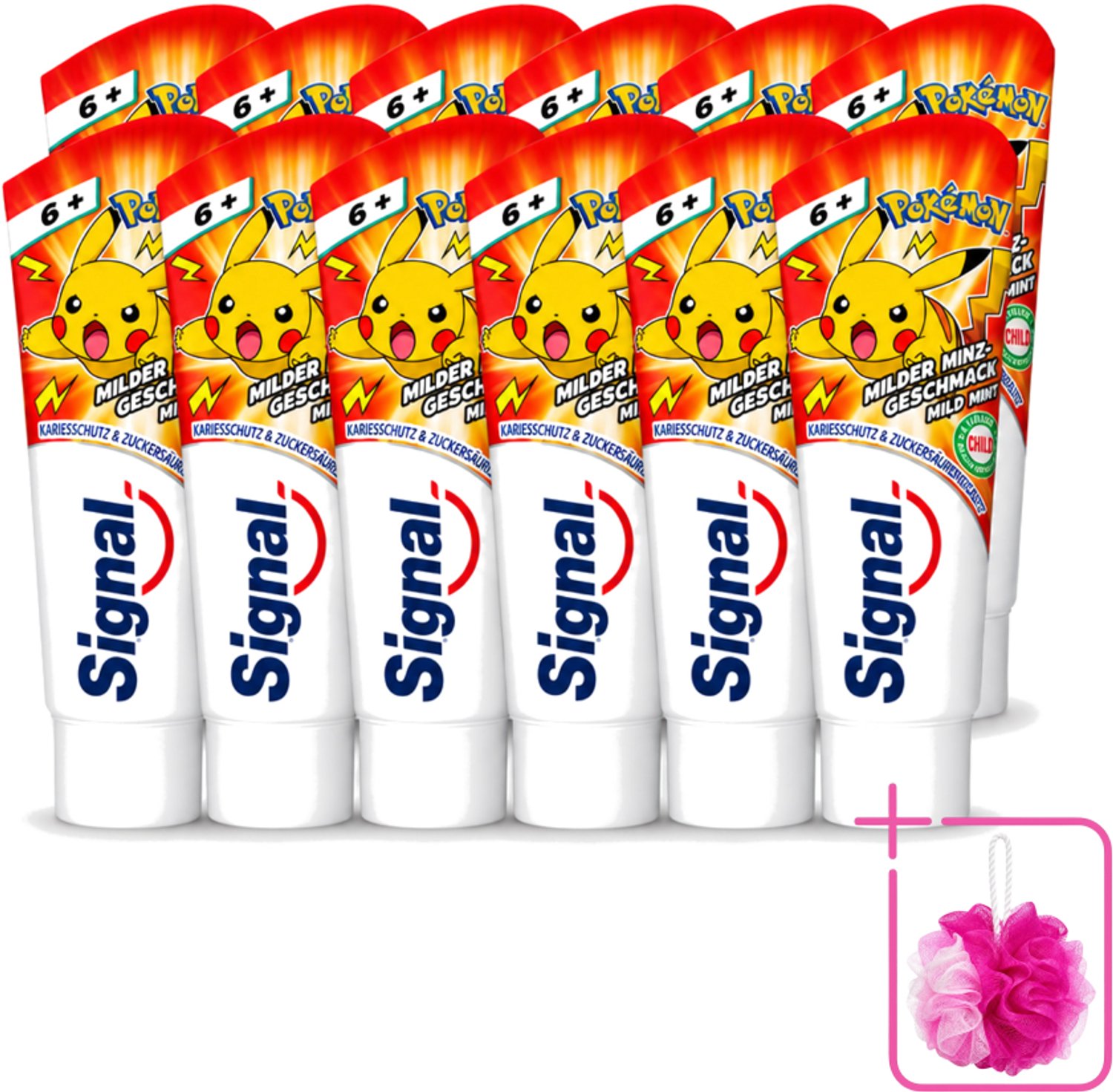 12 x Signal - Pokémon - Tandpasta - Milde Munt Smaak - Anti-Tandsteen - Kinder 6+ Jaar - 75 ml - Bulkverpakking - Tandpasta voor kinderen - Douchemop - Anti-tandsteen tandpasta