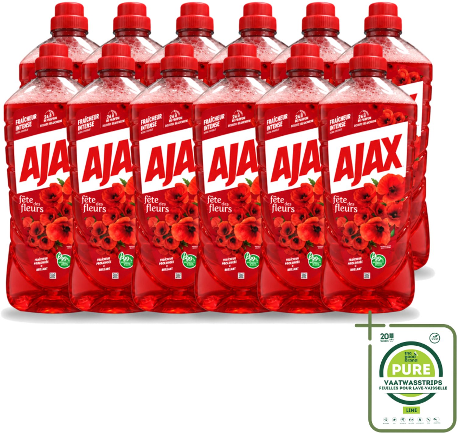 12 x Ajax – Allesreiniger – Rode Bloemen – 1,25 L - Grootverpakking - Vaatwasstrips - Allesreiniger Rode Bloemen - Reiniger 1.25 L - Bloemengeur Reiniger - Krachtige Reiniger - Huishoudelijke Reiniger