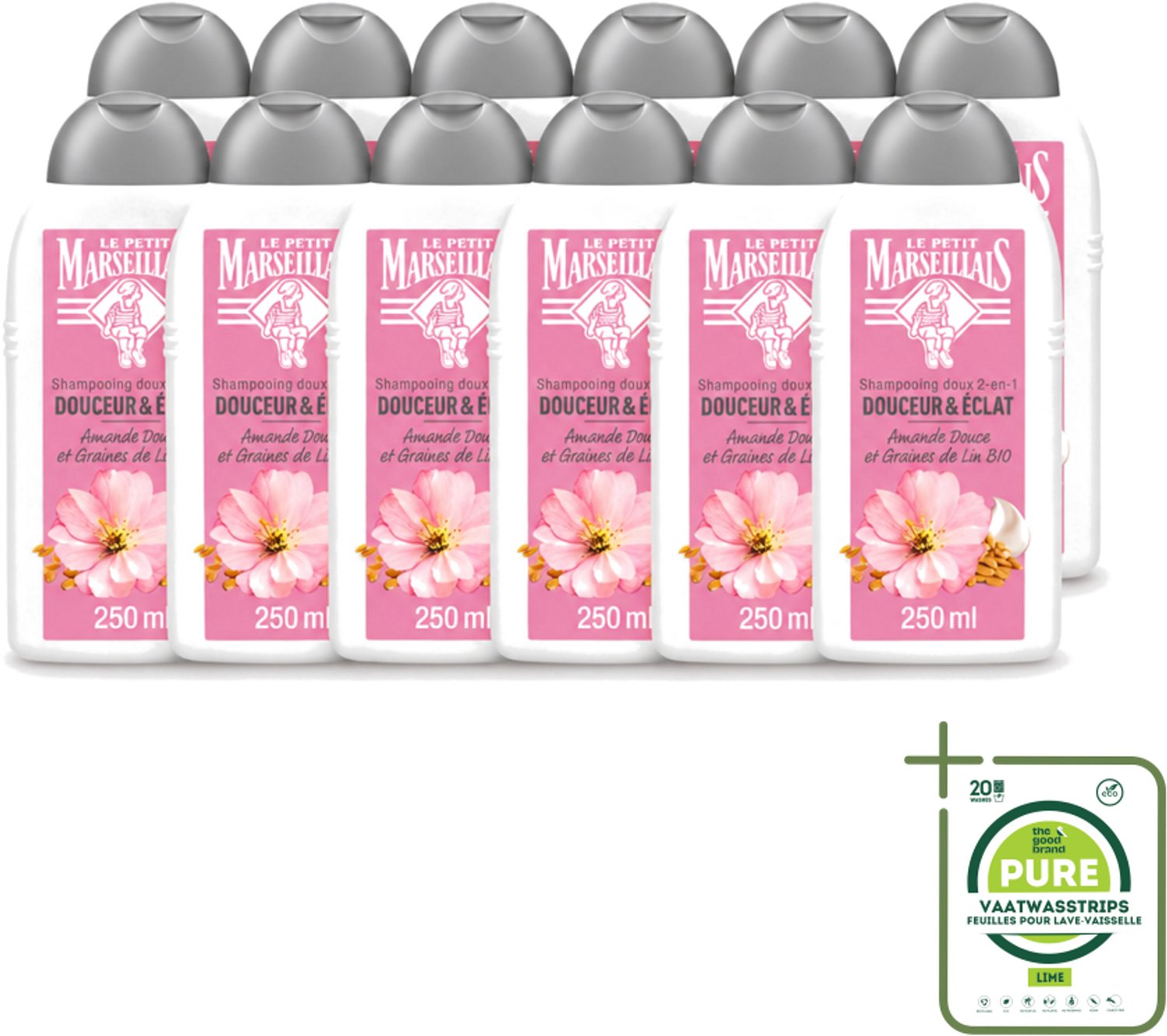 12 x Le Petit Marseillais – Shampoo – Amande Douce & Graines de Lin Bio – 250 ml - Grootverpakking - Vaatwasstrips - Shampoo Amande Douce - Shampoo Linzaad - Shampoo Bio - Shampoo Voor Fijn Haar - Shampoo Voor Normaal Haar