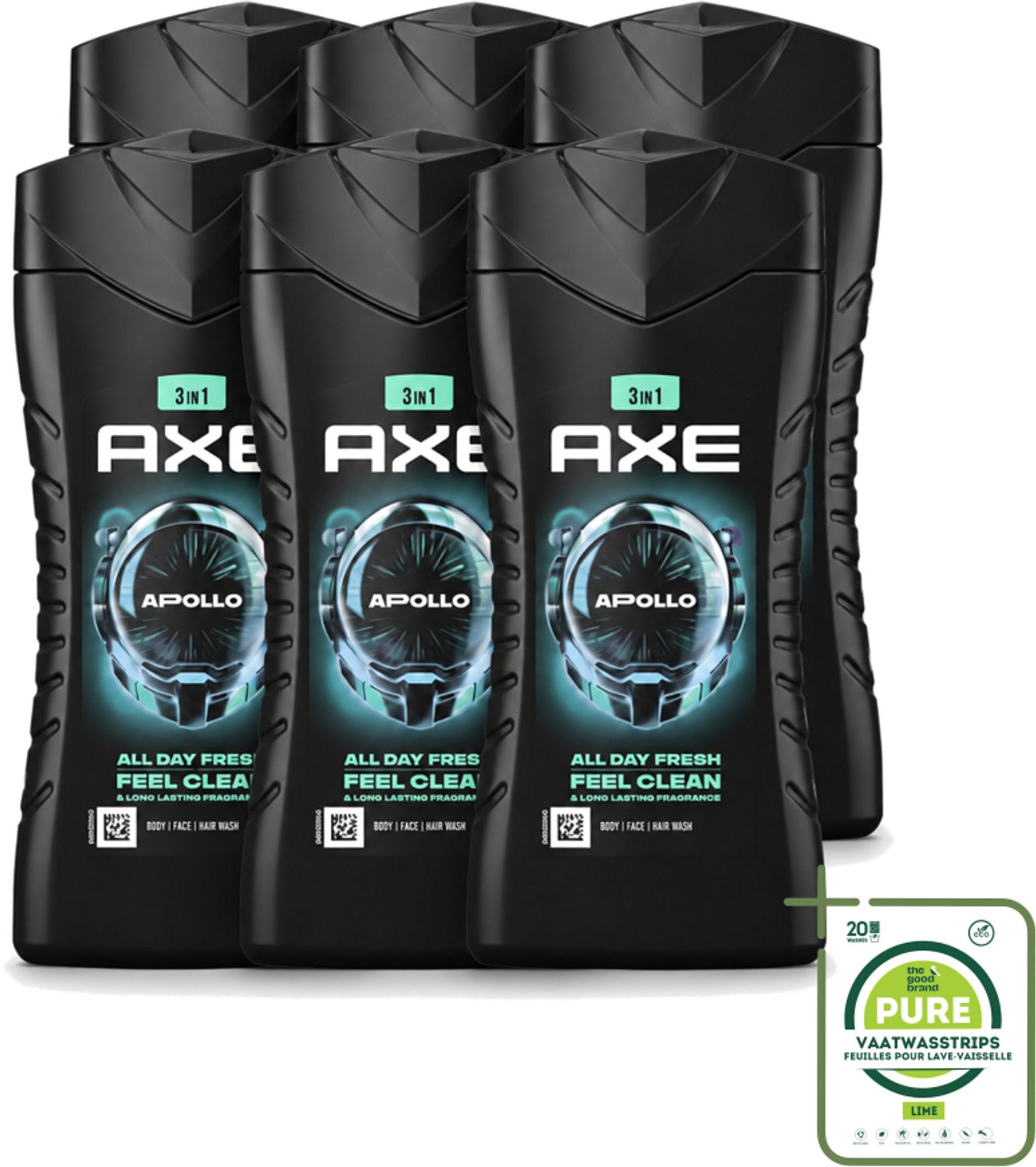 6 x Axe - 3-in-1 Douchegel - Apollo - Sage & Cedarwoord - 12hrs Long Lasting Scent - 250 ml - Grootverpakking - Vaatwasstrips - Douchegel Lichaam Gezicht Haar - Geur Salie Cederhout - 12 Uur Fris - Bacteriënverwijdering - Plantaardige Moisturizers