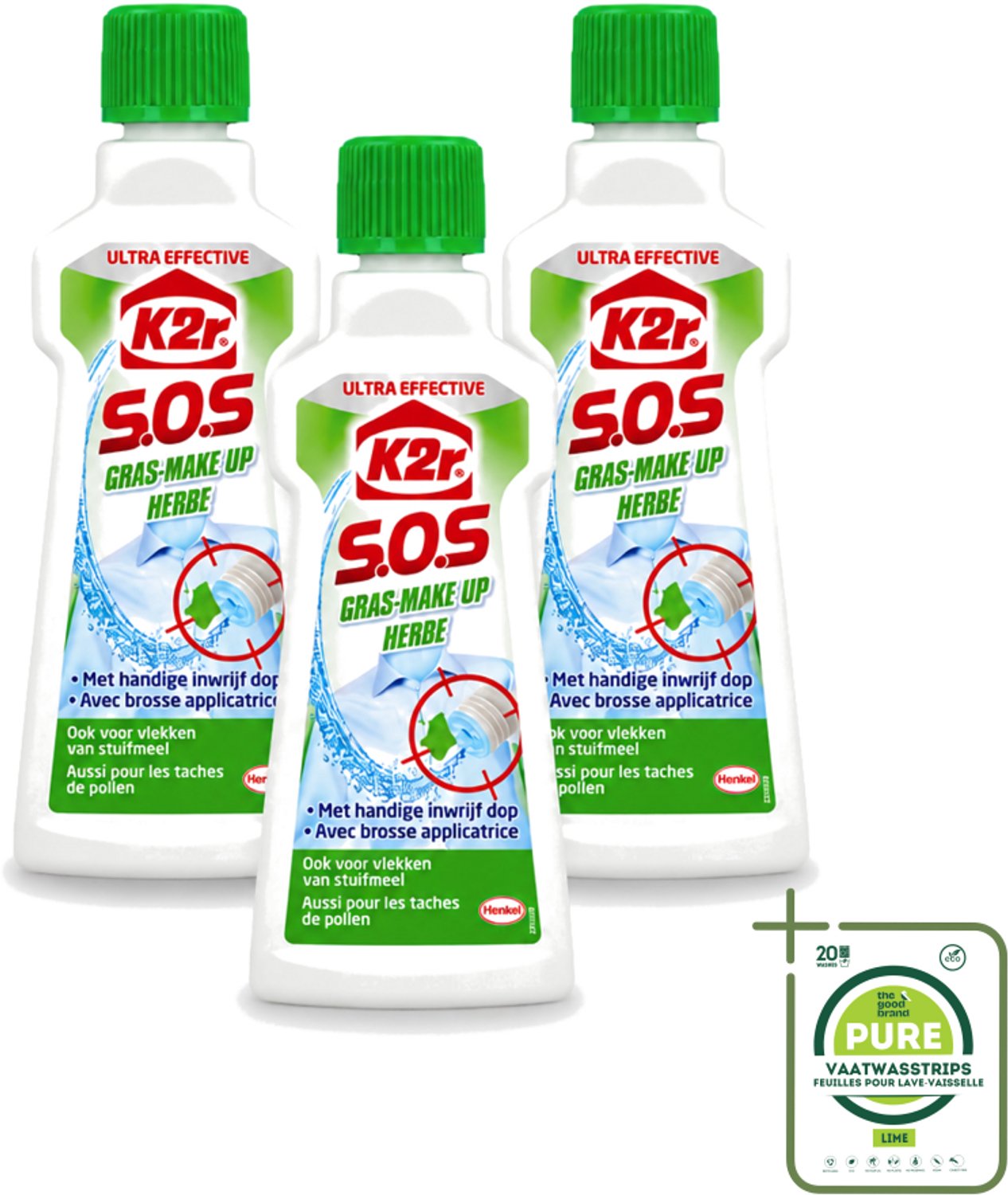 3 x K2R - SOS Vlekverwijderaar - Gras & Make-up - 50ml - Grootverpakking - Vaatwasstrips - Vlekverwijderaar - Grasvlek - Make-upvlek - Textielverwijderaar - Vlekken Verwijderen