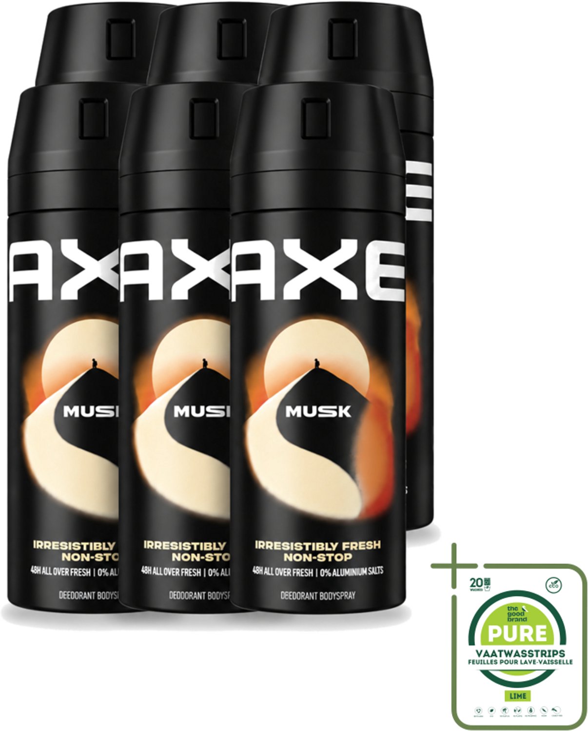 6 x Axe - Deodorant Bodyspray - 48hrs Fresh - Musk - Patchouli & Fougere - 150 ml - Grootverpakking - Vaatwasstrips - 48 Uur Geurbescherming - Deodorant Sprayer - Zinktechnologie - Geur Van Musk - Geur Van Patchouli
