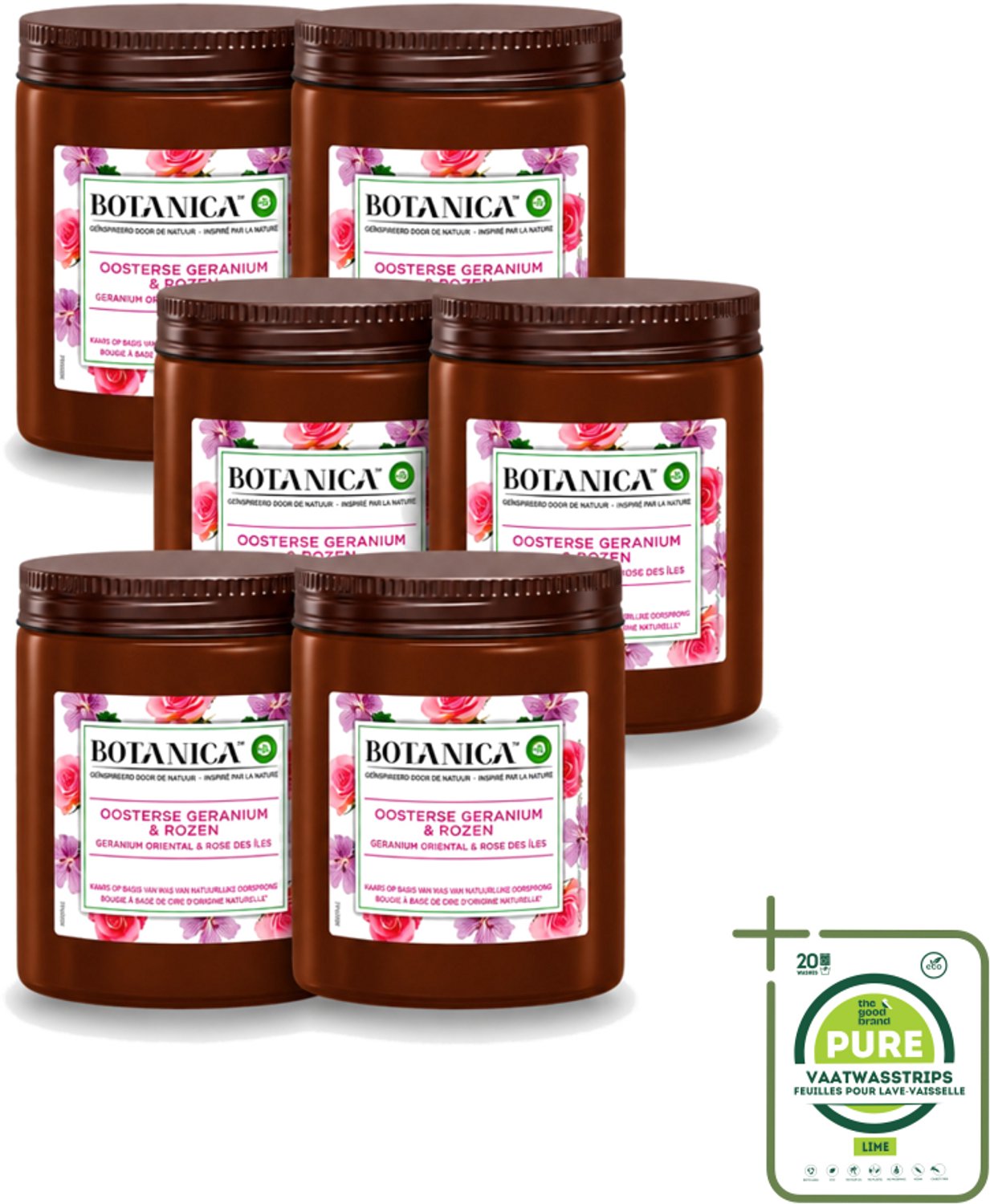 Air Wick 6 x Botanica by Air Wick - Geurkaars - Geranium & Rozen - 40 Uur Brandduur - Grootverpakking - Vaatwasstrips - Geurkaars - Geranium En Rozen - 40 Uur Branden - Natuurlijke Geur - Bloemige Geur Wit
