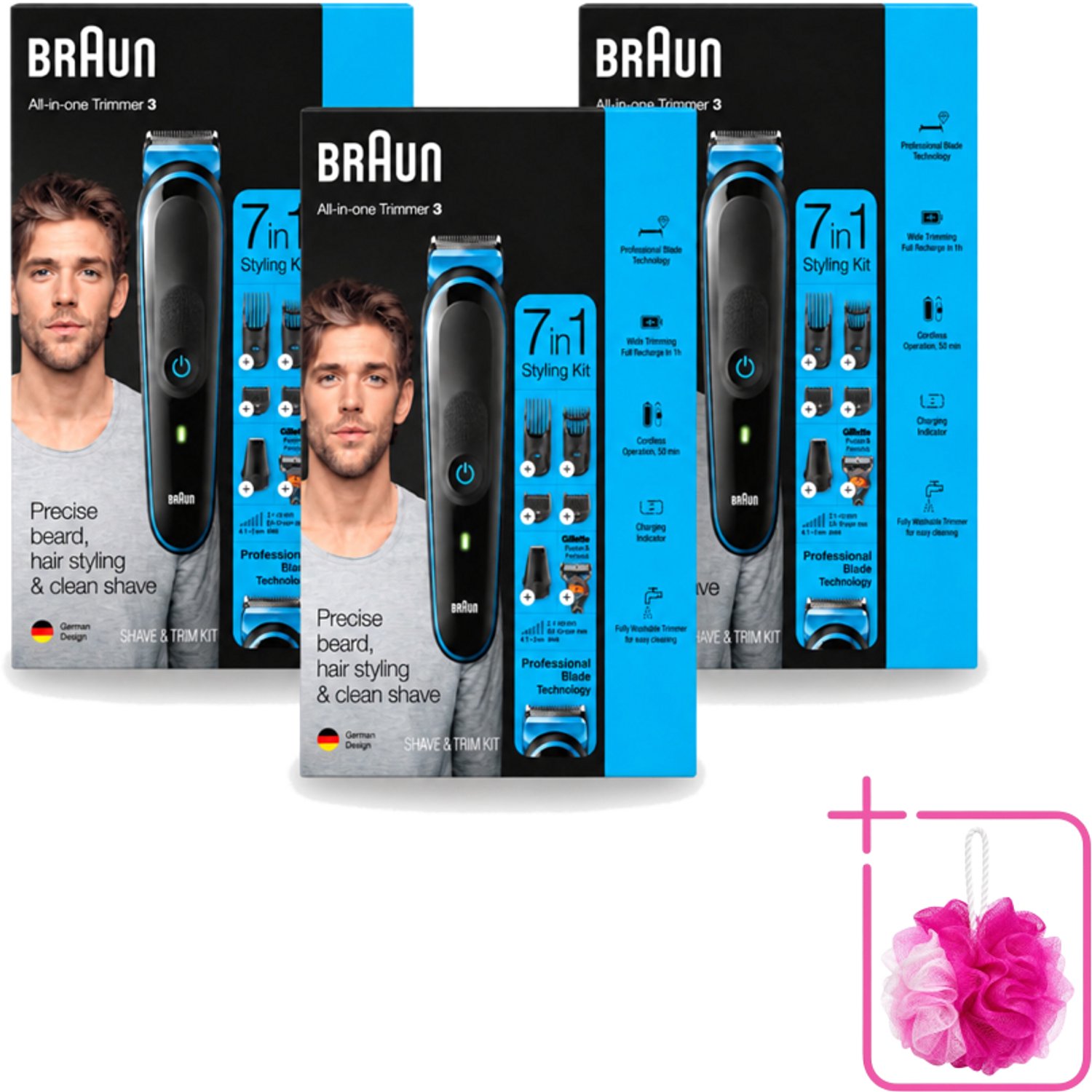 3 x Braun - Trimset - 7-in-1 - 1 Trim Apparaat - 6 Opzetstukken - Bulkverpakking - Baard trimmer - Douchemop - Gezichtshaar trimmer