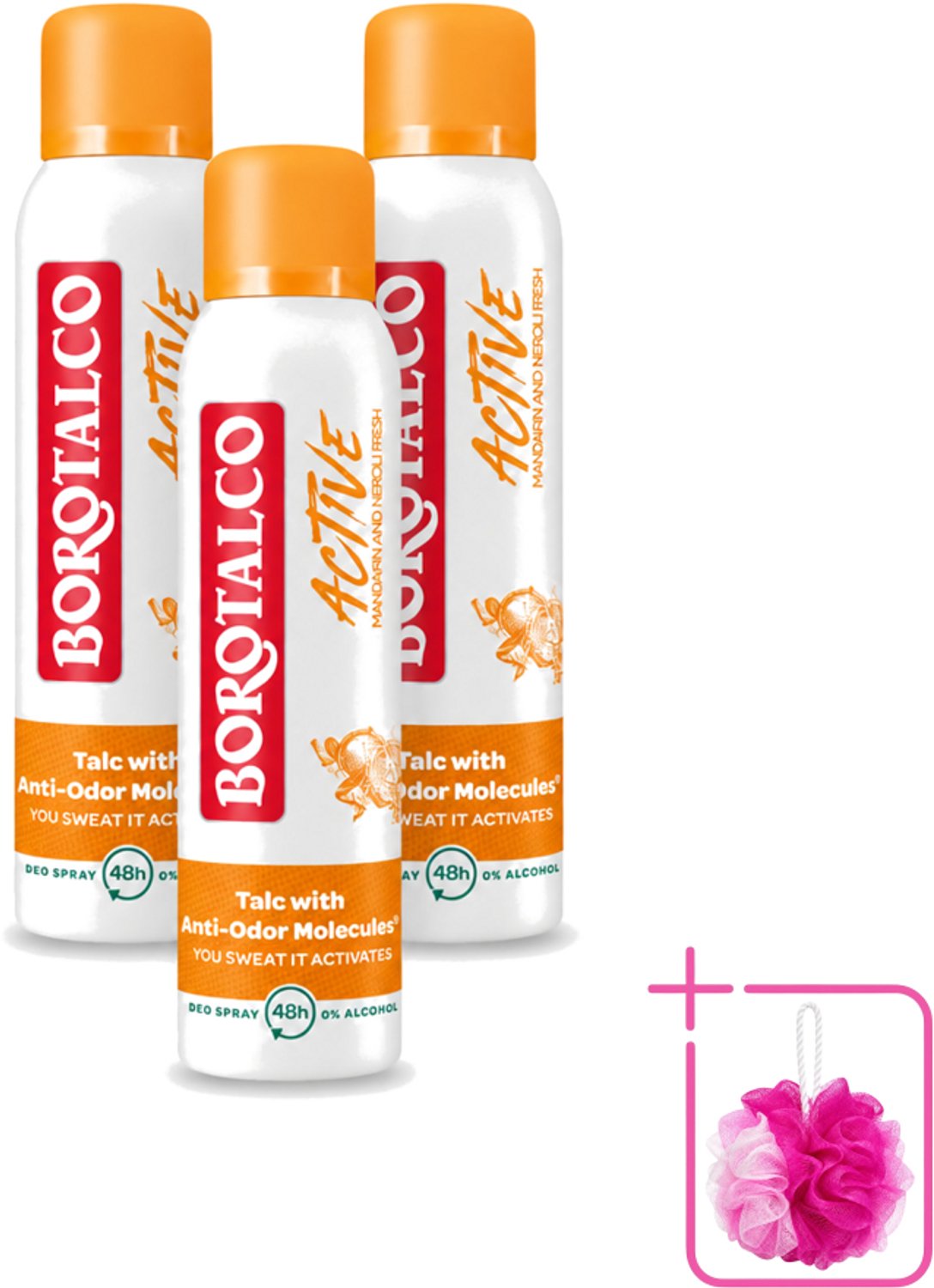 3 x Borotalco - Deodorant Spray - Active - Mandarin & Neroli Fresh - 0% Alcohol - 150 ml - Bulkverpakking - Deodorant Spray - Douchemop - Mandarijn en Neroli
