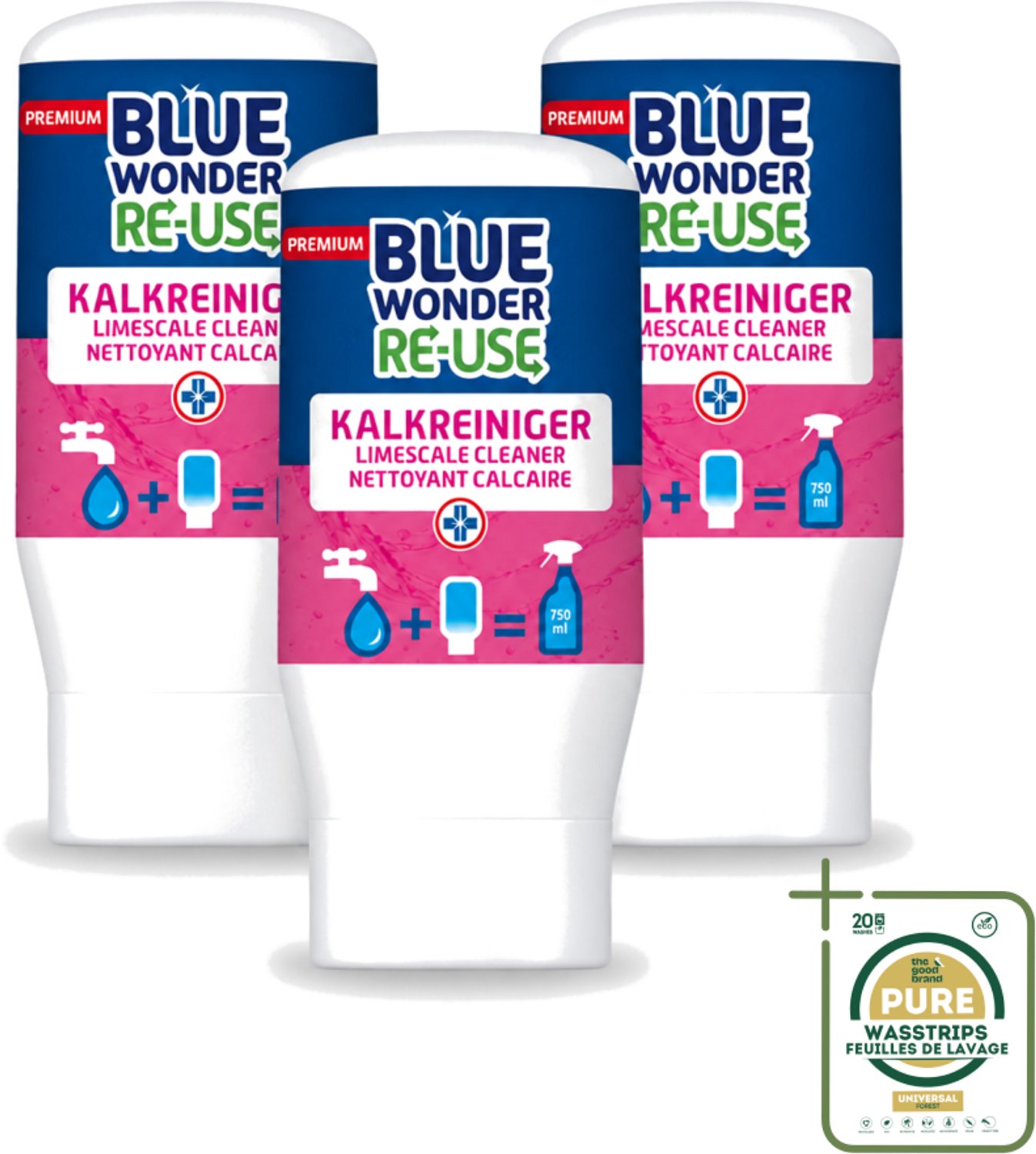 3 x Blue Wonder - Premium Re-use Kalkreiniger - 50 ml - Kalkreiniger - Badkamer Reinigen - Kalk Verwijderen - Vet Verwijderen - Vuil Verwijderen