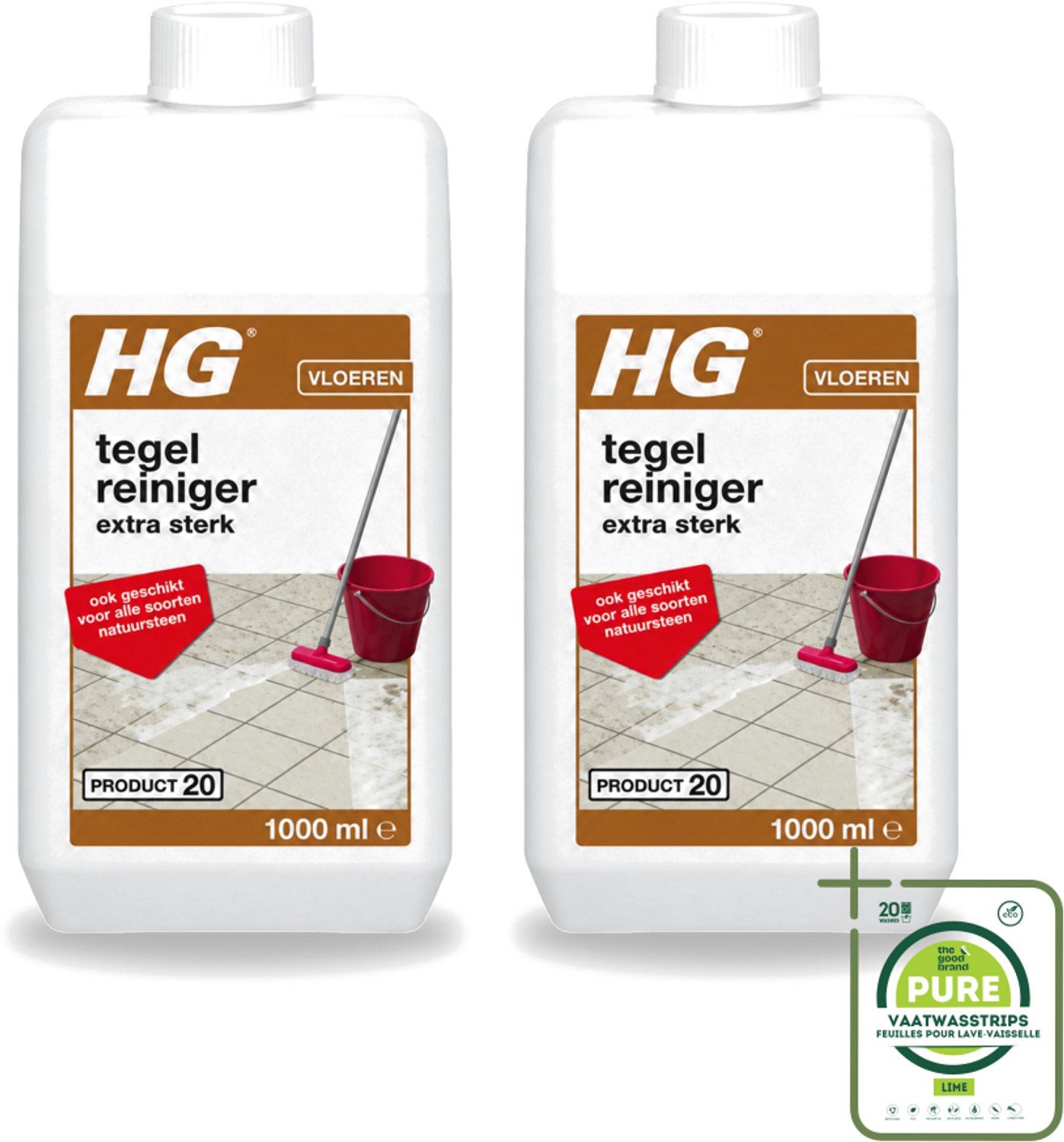 2 x HG - Vloeren - Tegelreiniger Extra Sterk - Geschikt Voor Alle Soorten Natuursteen - 1L - Grootverpakking - Vaatwasstrips - Tegelreiniger - Natuursteen Reinigen - Vetvlekken Verwijderen - Kalk Verwijderen - Vloer Reinigen