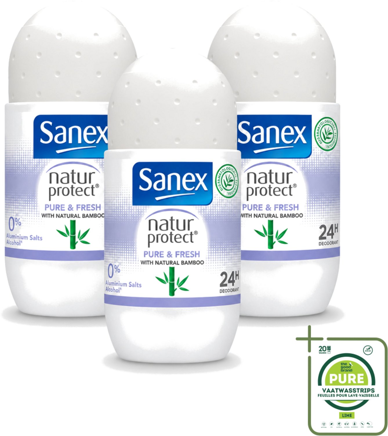 3 x Sanex Natur Protect - Deodorant Roller - Puur & Fris - Met Nattuurlijke Bamboo - 50 ml - Grootverpakking - Vaatwasstrips - Natuurlijke Deodorant - Bamboe Deodorant - Fris Gevoel - Vochtabsorberend - Aluminiumvrij