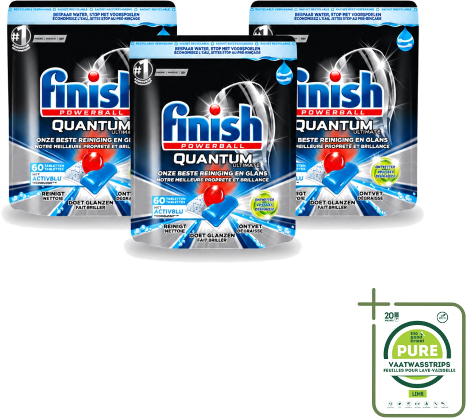 3 x Finish Powerball - Quantum Ultimate - Vaatwastabletten - Ontvetter - 60 Tabletten - Grootverpakking - Vaatwasstrips - Vaatwasmiddel - Vaatwastablet - Ontvetter - Vaat Reinigen - Vaatwasser