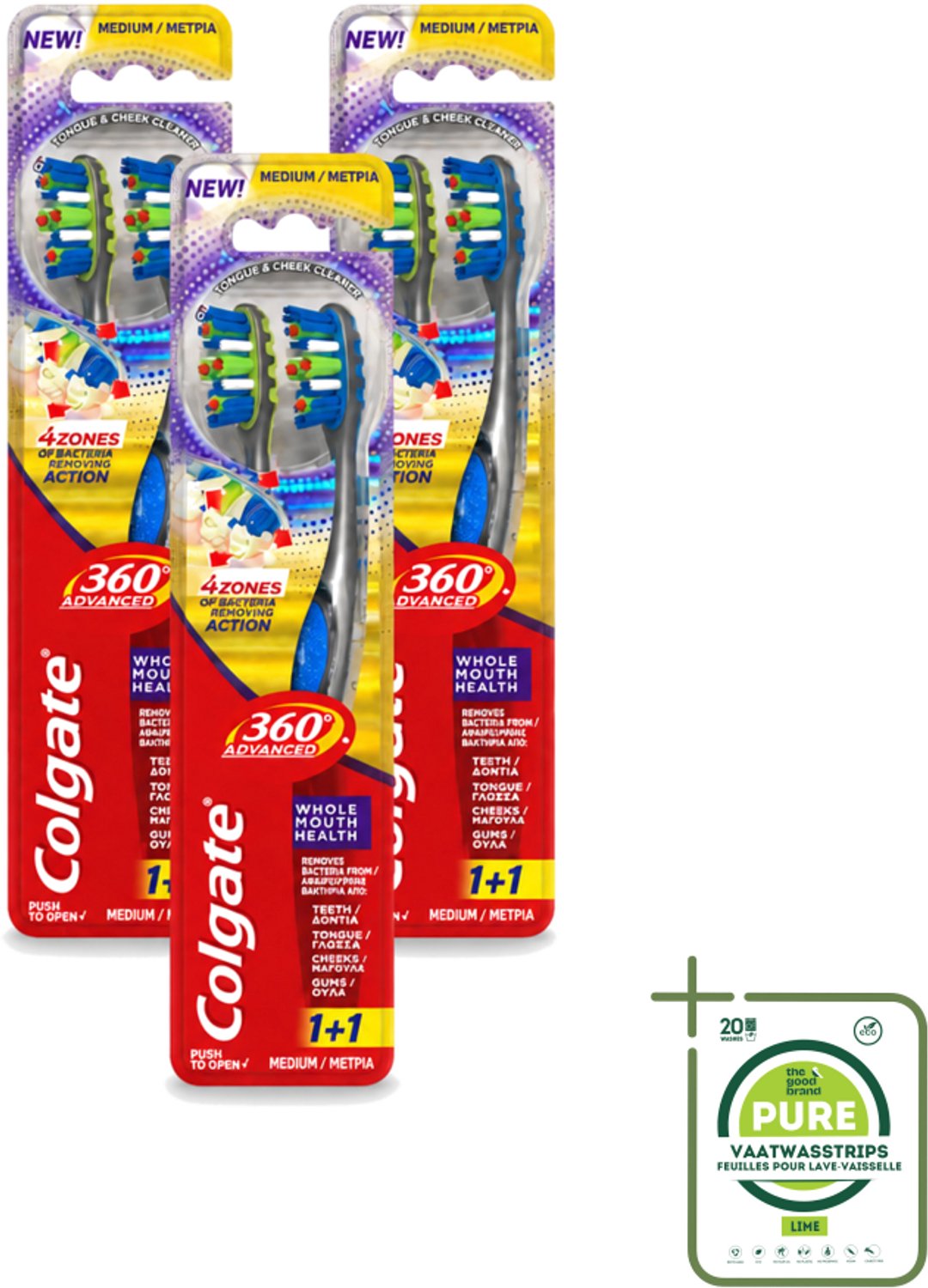 3 x Colgate - 360° Geavanceerd - Tandenborstel - Medium - 2 Tandenborstels - Grootverpakking - Vaatwasstrips - Tandenborstel - Mondhygiëne - Tandenborstel 360° - Bacteriën Verwijderen - Tanden Reinigen