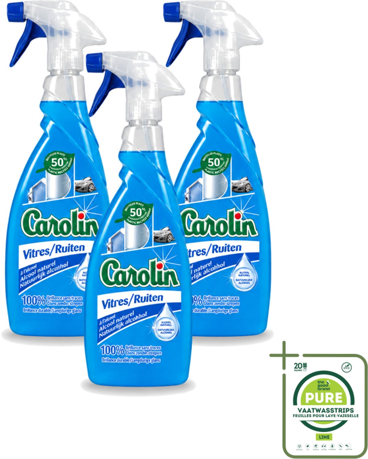 3 x Carolin - Glas- en Ruitenreiniger - Met Natuurlijke Alcohol - 650 ml - Grootverpakking - Vaatwasstrips - Glas Reiniger - Ruiten Reiniger - Natuurlijke Alcohol - Schone Ramen - Streeploze Glans