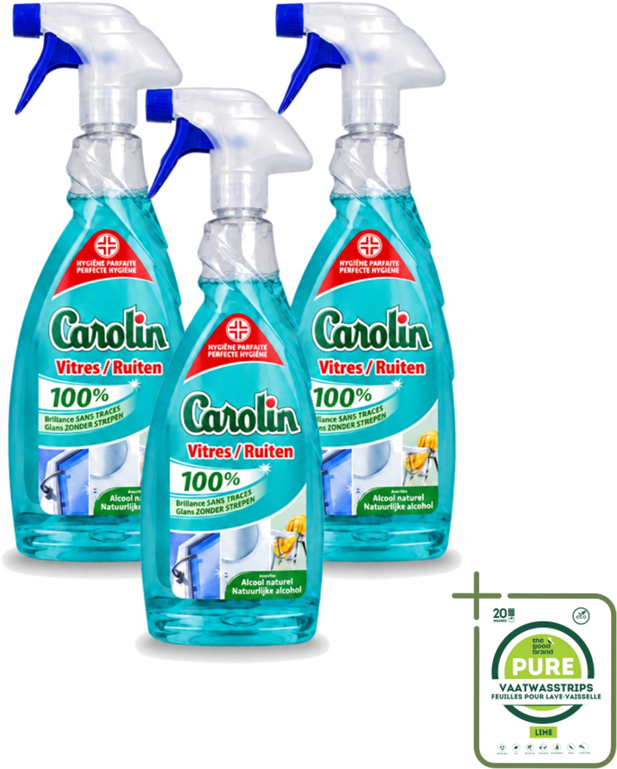 3 x Carolin - Glas- en Ruitenreiniger - Met Natuurlijke Alcohol - 650 ml - Grootverpakking - Vaatwasstrips - Glas Reinigen - Ruiten Reinigen - Glas Reiniger - Ruiten Reiniger - Natuurlijke Alcohol