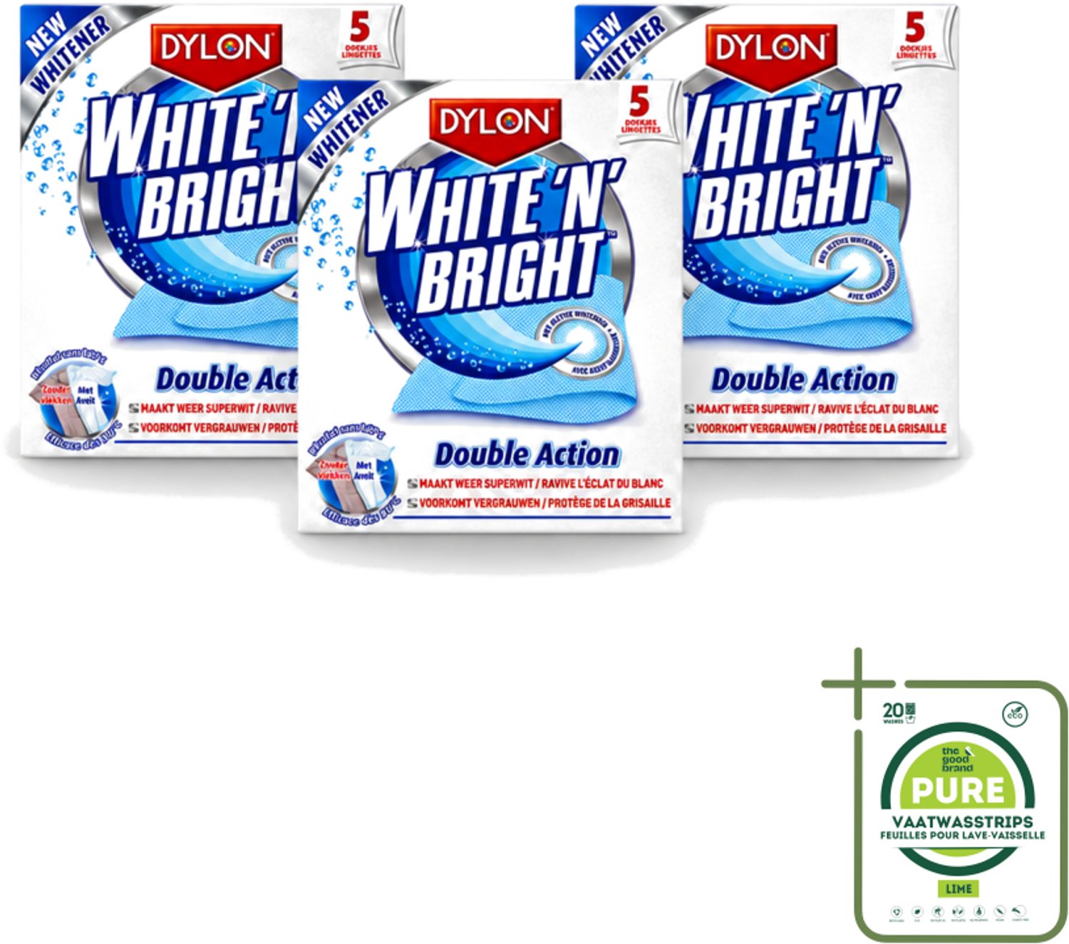 3 x Dylon - Vlekverwijderaar - White & Bright - Superwit & Vlekkeloos - 5 Doekjes - Grootverpakking - Vaatwasstrips - Wit Maken Kleding - Vlekverwijderaar - Wit Textiel - Koffievlek - Theevlek