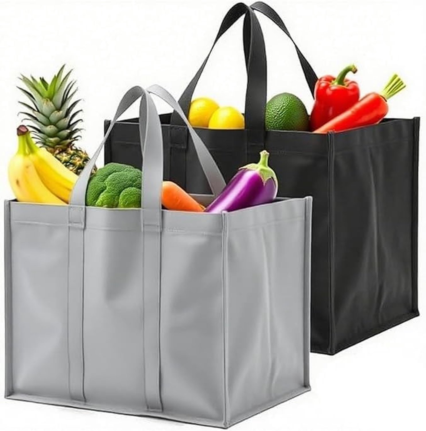 Grote Boodschappentassenset - Grijs/Zwart - 41 x 33 x 25 cm - Opvouwbare Herbruikbare Vliesstof Shopper - Voor Supermarkt en Picknick