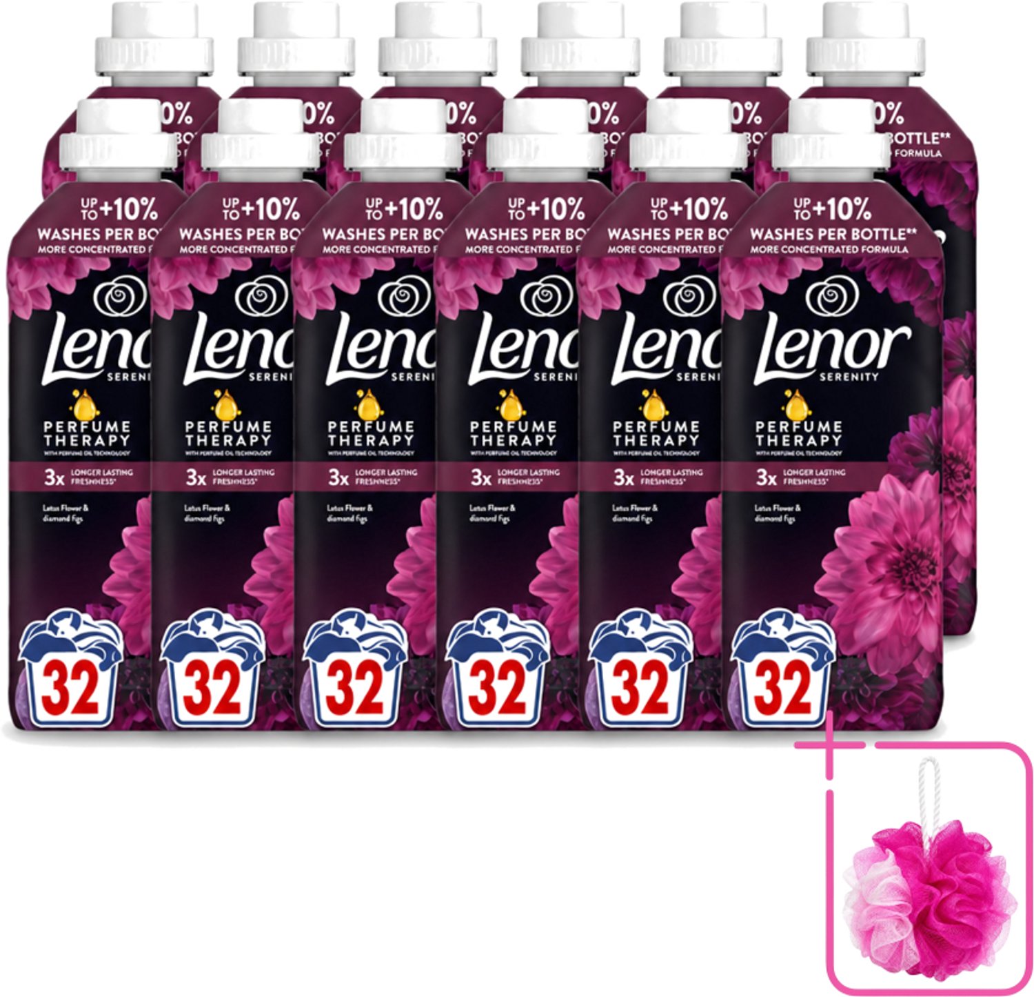 12 x Lenor – Wasverzachter – Lotus Flower & Diamond Figs – 32 Wasbeurten – 675 ml - Bulkverpakking - Wasverzachter - Douchemop - Wasmachine