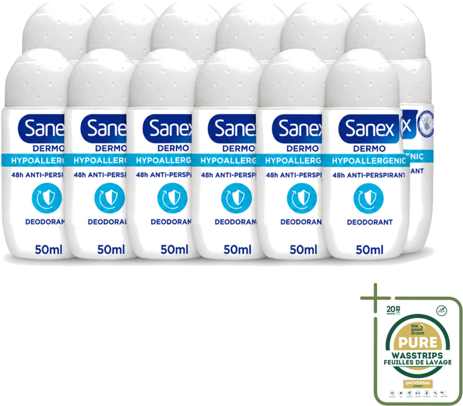 12 x Sanex Dermo - Deodorant Roller - Hypoallergeen - 48h Anti-Transpirant - 50 ml - Wasstrips - Deodorant Roller - Hypoallergeen Deodorant - 48h Bescherming - Transpiratie Bescherming - Lichaamsgeur Bestrijding