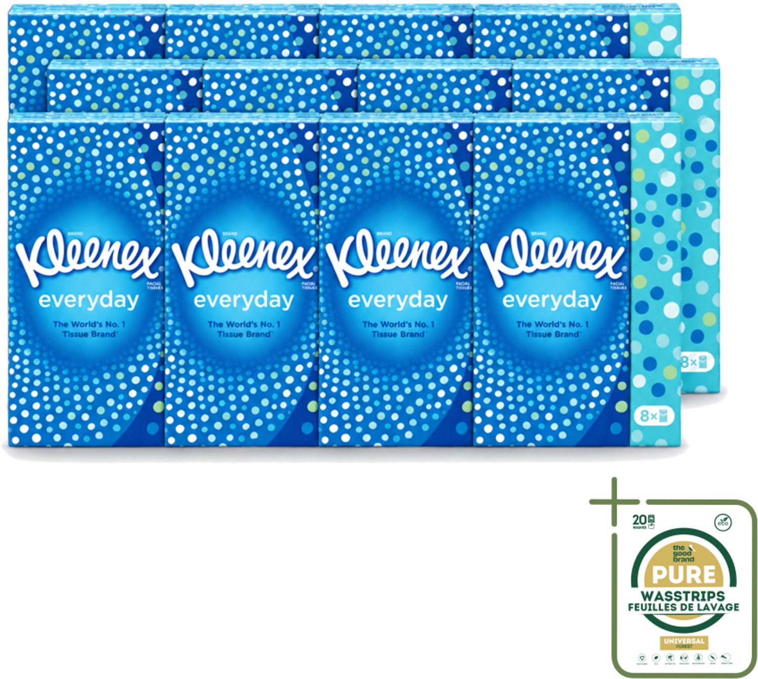 12 x Kleenex - Zakdoekjes - Everyday - 8 Pakjes Zakdoekjes - Wasstrips - Zakdoekjes - Schoonmaak - Reinigen - Vlekken - Dagelijks Gebruik