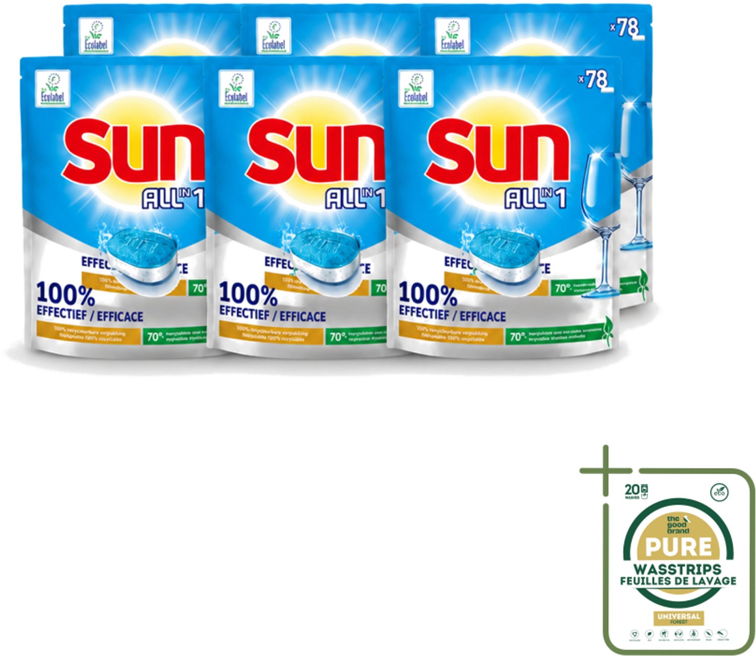6 x Sun All-in-1 - Eco Label - Vaatwastabletten - 78 Tabletten - Wasstrips - Vaatwastabletten - Milieuvriendelijke Vaatwas - Eco Label - Vaatwasser Tabletten - Vet Verwijderen