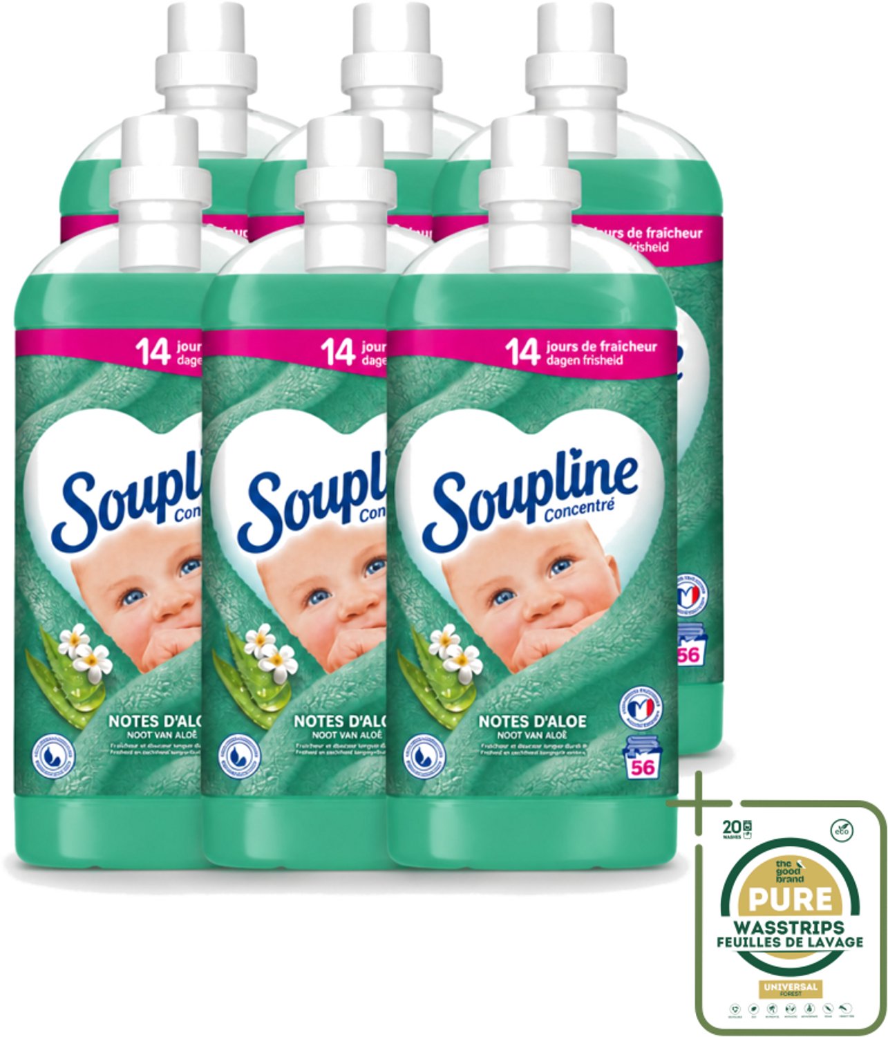 6 x Soupline - Wasverzachter - Aloë Vera - 56 Wasbeurten - 1.3L - Wasstrips - Wasverzachter Aloë Vera - Frisse Geur - Zachte Kleding - 14 Dagen Frisheid - Natuurlijke Geur