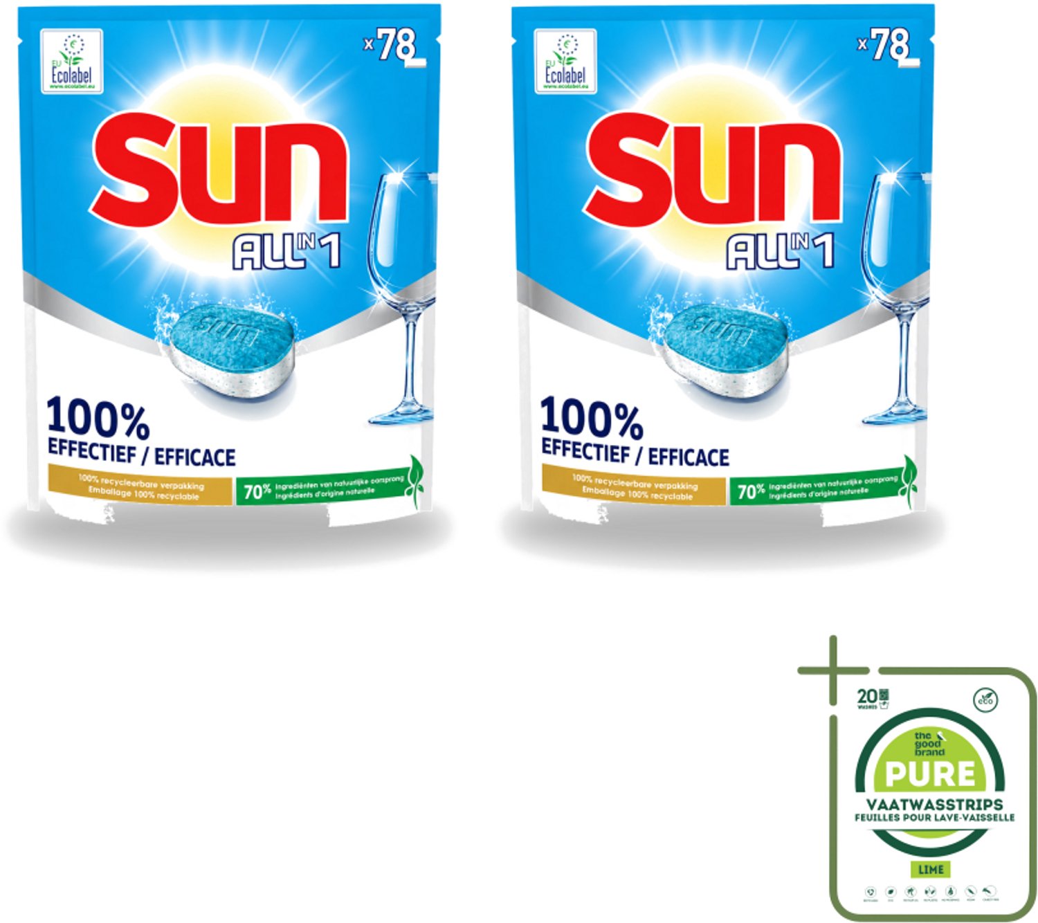 2 x Sun All-in-1 - Eco Label - Vaatwastabletten - 78 Tabletten - Grootverpakking - Vaatwasstrips - Vaatwastabletten - Milieuvriendelijke Vaatwas - Eco Label - Vaatwasser Tabletten - Vet Verwijderen