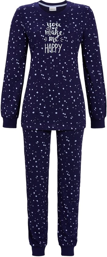 Donkerblauwe Ringella pyjamaset met lichtblauwe spikkels en de tekst 'you make me HAPPY' op de borst.
