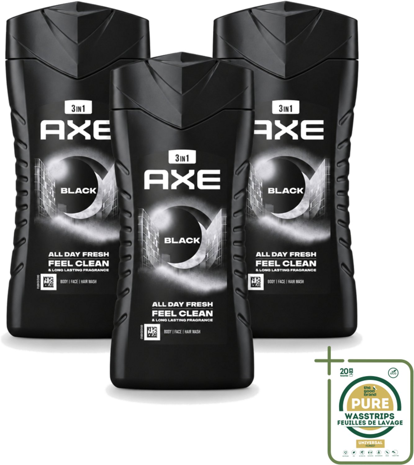 3 x Axe - 3-in-1 Douchegel - Black - Frozen Pear & Cedarwoord - 12hrs Long Lasting Scent - 250 ml - Wasstrips - Douchegel - Lichaam - Gezicht - Haar - Frisheid