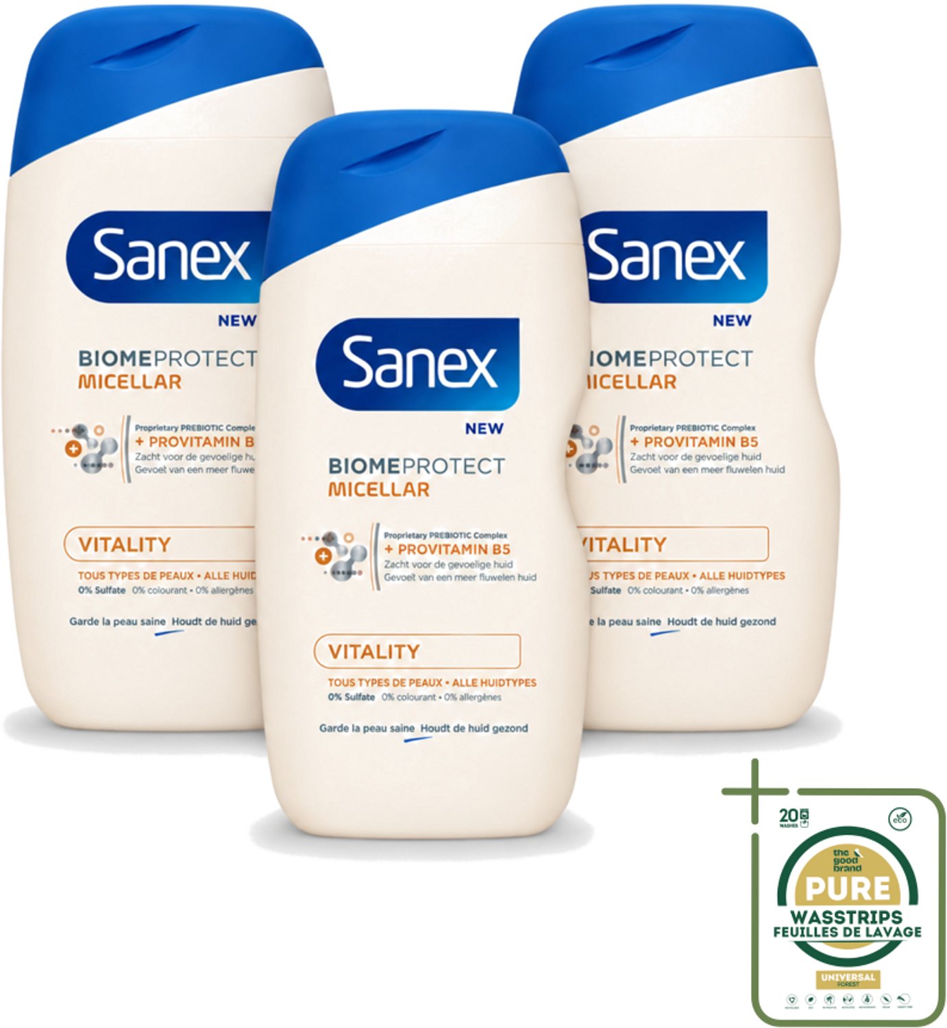 3 x Sanex - BiomeProtect Micellair - Douchegel - Vitaliteit - 0% Sulfaat - Alle Huidtypes - 400 ml - Wasstrips - Huid Reinigen - Micellaire Douchegel - 0% Sulfaten - Huidbarrière - Huid Vitaliteit