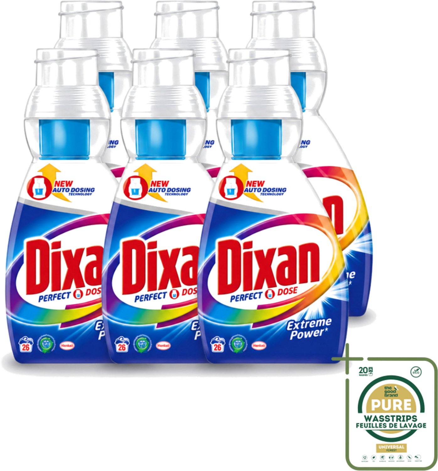 6 x Dixan Perfect Dose - Vlekkenkampioen - Extreme Power - Witte, Gekleurde & Zwarte Was - 26 Wasbeurten - Wasstrips - Wasmiddel - Vlekkenverwijdering - Witte Was - Gekleurde Was - Zwarte Was