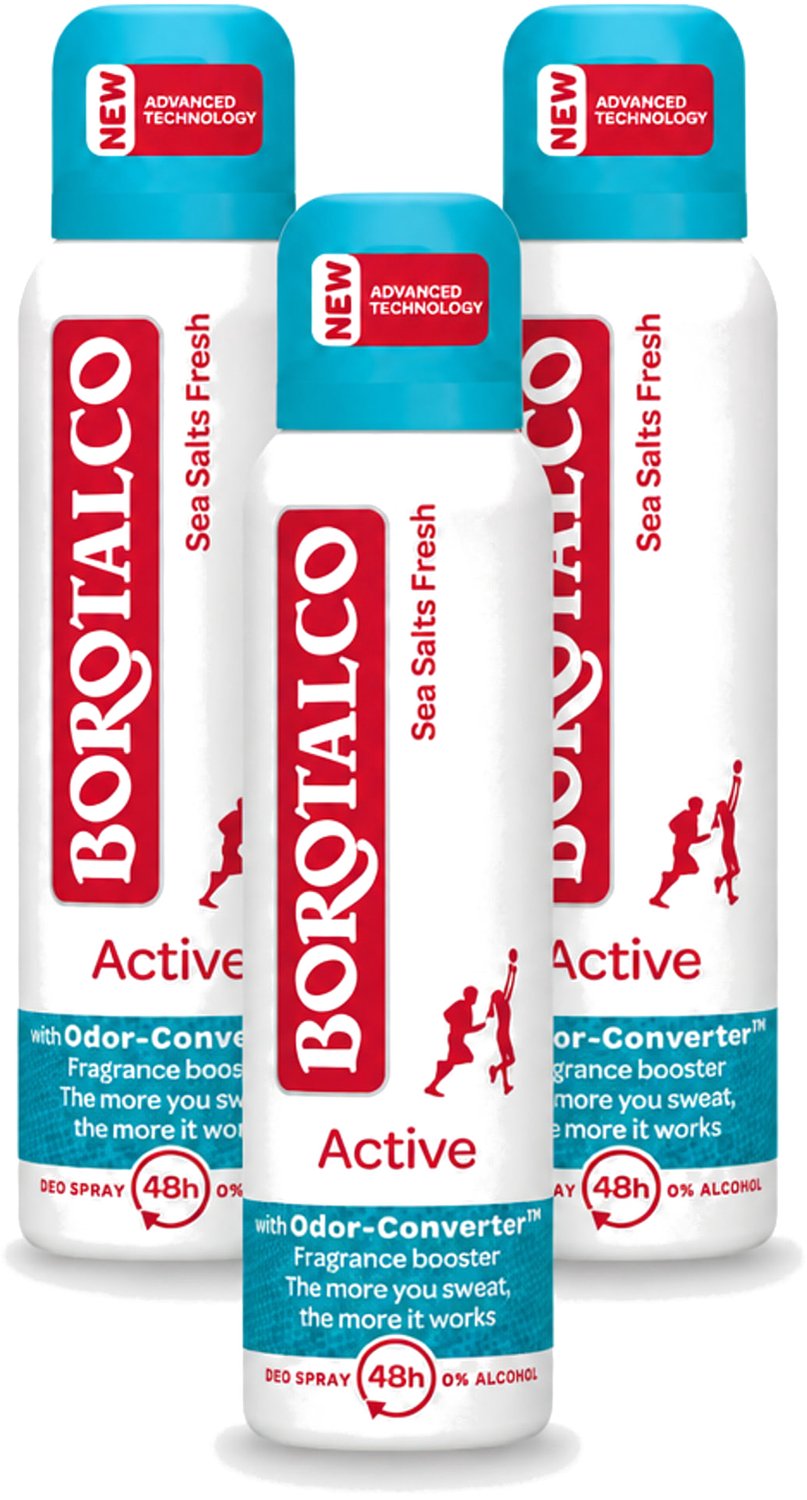 3 x Borotalco - Deodorant Spray - Active - Sea Salts Fresh - 0% Alcohol - 150 ml - Voordeelverpakking - 3 stuks