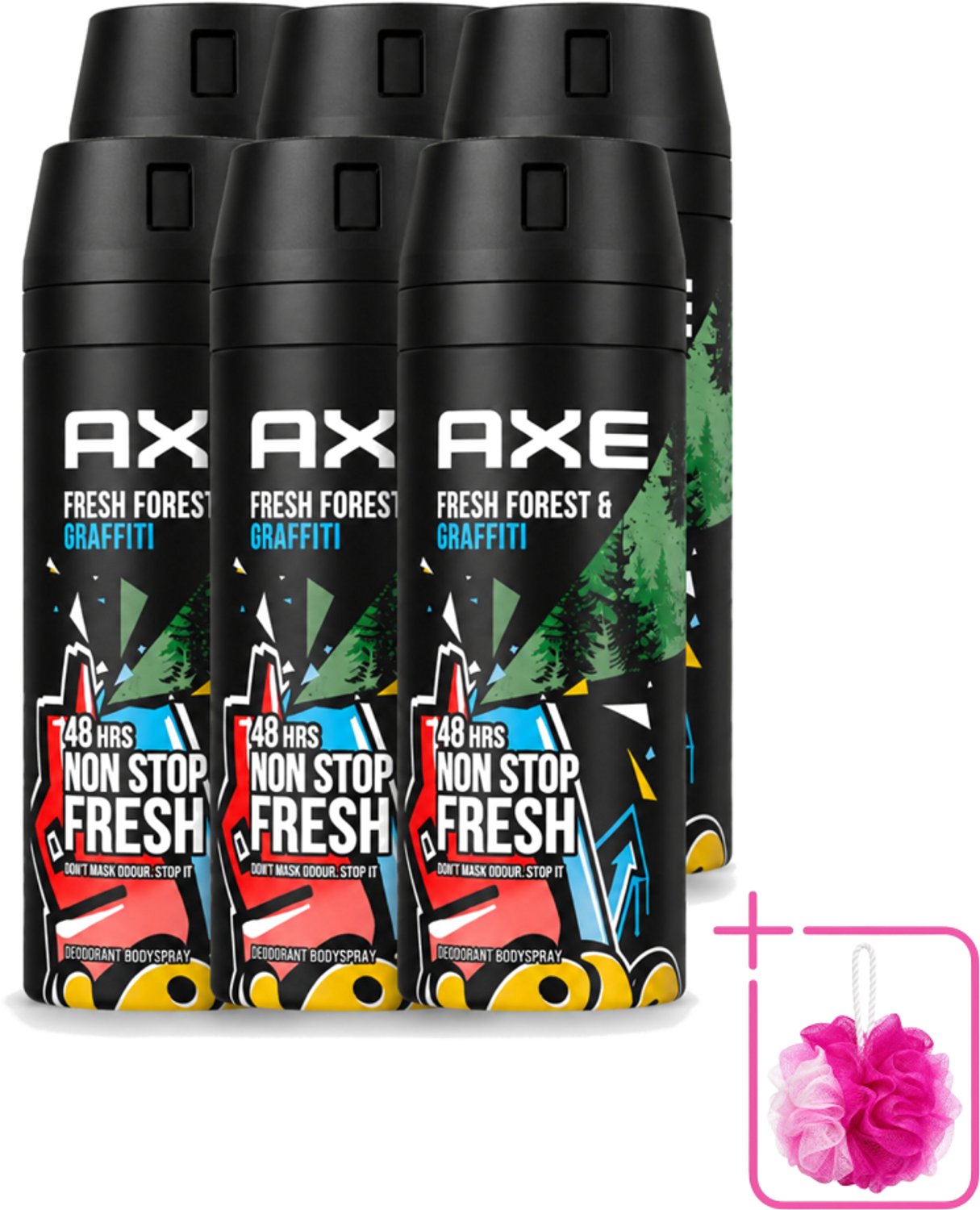 6 x Axe - Deodorant Bodyspray - 48hrs Fresh - Fresh Forest & Graffiti - 150 ml - Bulkverpakking - 48 uur bescherming - Douchemop - Deodorant sprayer