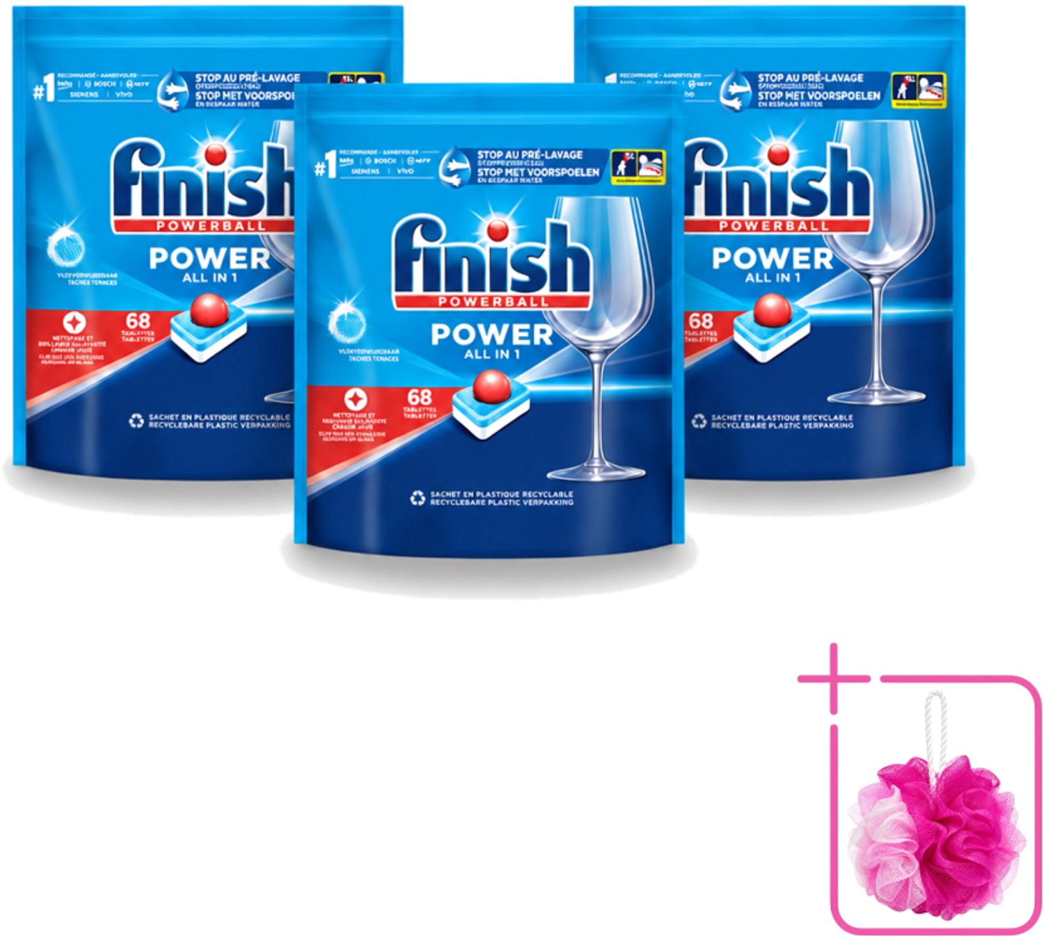 3 x Finish Powerball - Power All in 1 - Vaatwastabletten - Reiniging & Glans - 68 Tabletten - Bulkverpakking - Vaatwastabletten - Douchemop - Vaat reinigen