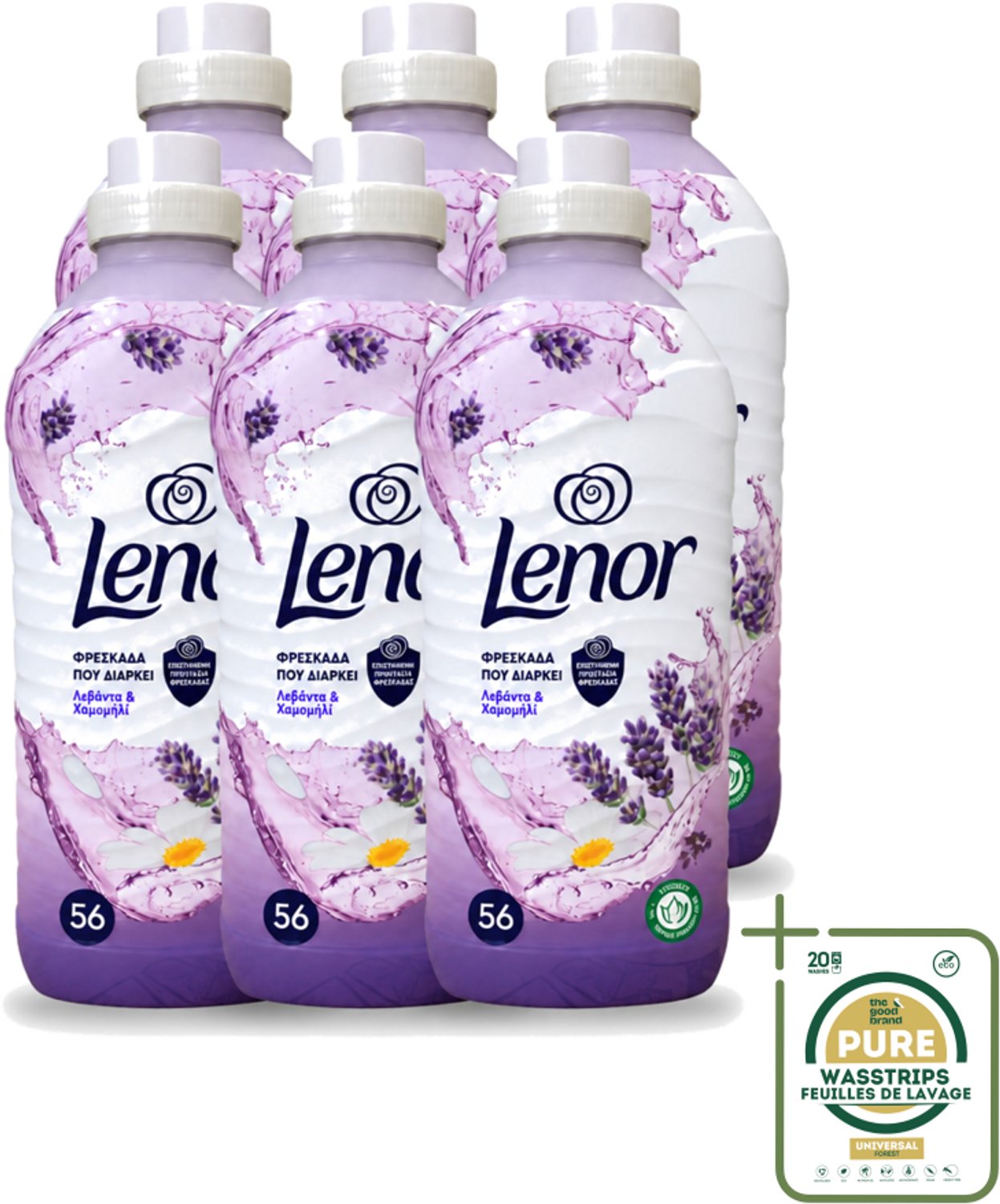 6 x Lenor – Wasverzachter – Lavender & Kamille – 56 Wasbeurten – 1176 ml - Wasstrips - Wasverzachter - Lavendel - Kamille - Wasgeur - Wasverzachting