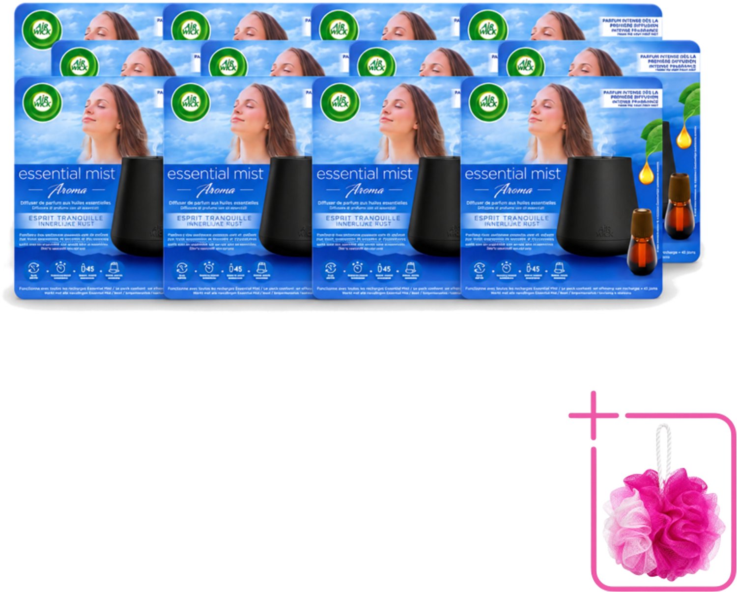 12 x Air Wick Essential Mist - Automatische Luchtverfrisser Kit - Innerlijke Rust - Eucalyptus & Lavendel - Bulkverpakking - Luchtverfrisser - Douchemop - Aromatherapie