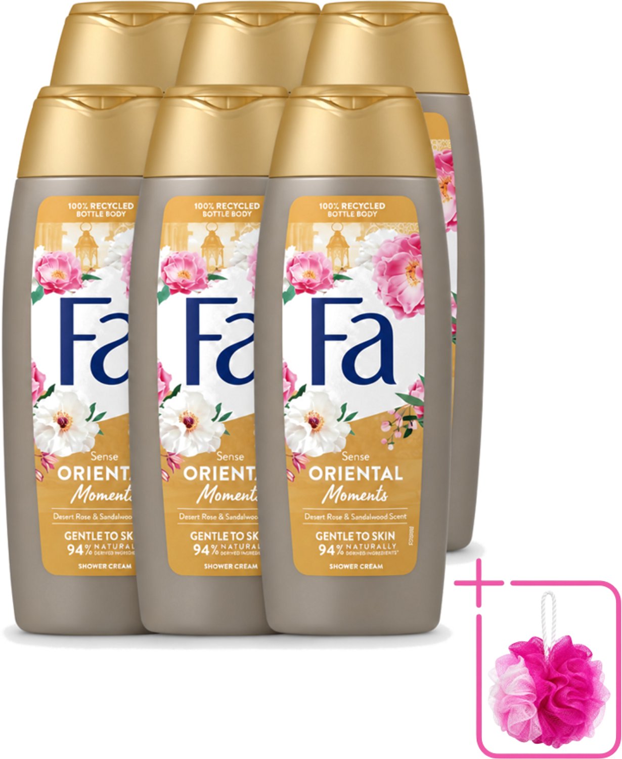 6 x Fa - Oriental Moments - Douchecrème - Woestijnroos & Sandelhout - 250 ml - Bulkverpakking - Douchecrème - Douchemop - Woestijnroos