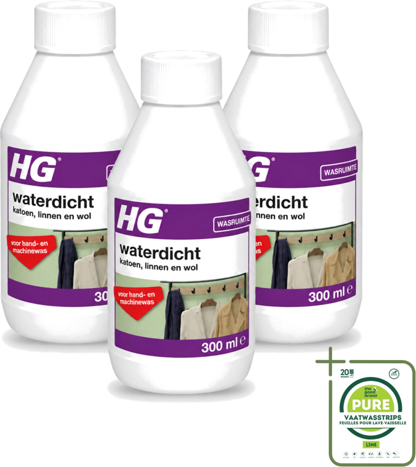 3 x HG - Wasruimte - Waterdicht Katoen, Linnen & Wol - Voor Hand & Machine Was - 300 ml - Grootverpakking - Vaatwasstrips - Waterdicht Textiel - Vuilafstotend Textiel - Katoen Waterdicht - Linnen Waterdicht - Wol Waterdicht