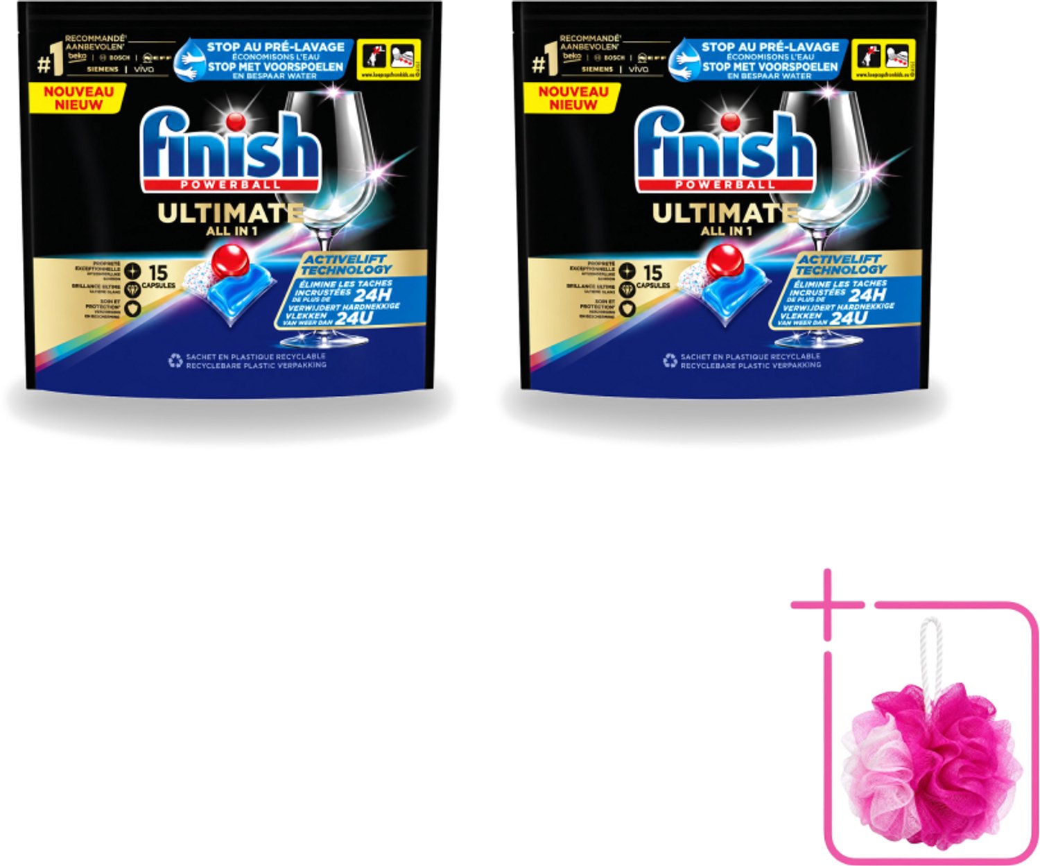 2 x Finish Powerball - Ultimate All in 1 - Vaatwastabletten - Activelift - 15 Capsules - Bulkverpakking - Vaatwastabletten - Douchemop - Activelift