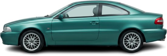 Groene Volvo C70 coupé uit 1998-2005, met zilveren velgen, gefotografeerd op een zwarte achtergrond.