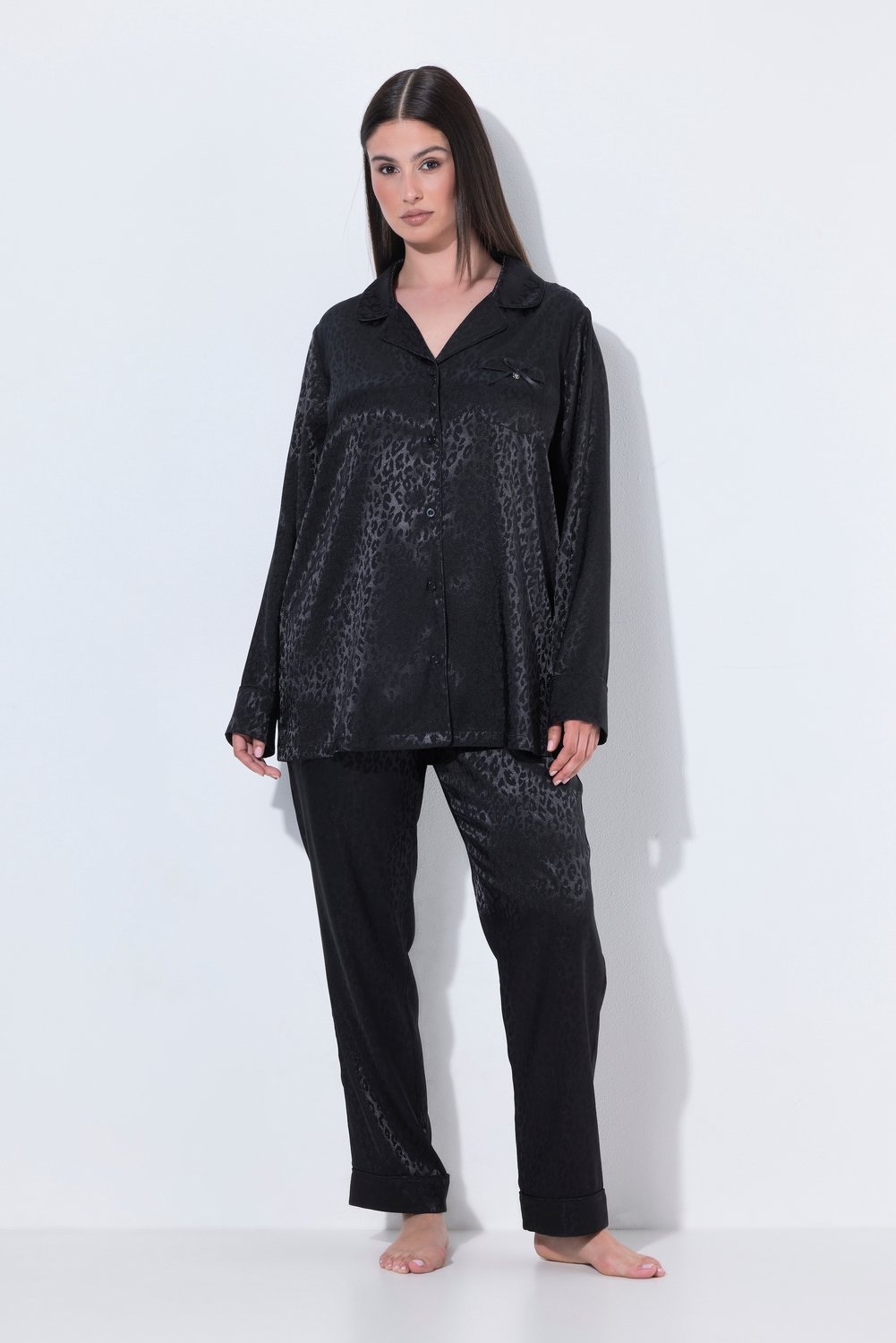TruYou Dames - TruYou-pyjama luipaardprint reverskraag lange mouwen - Zwart - Maat 42+